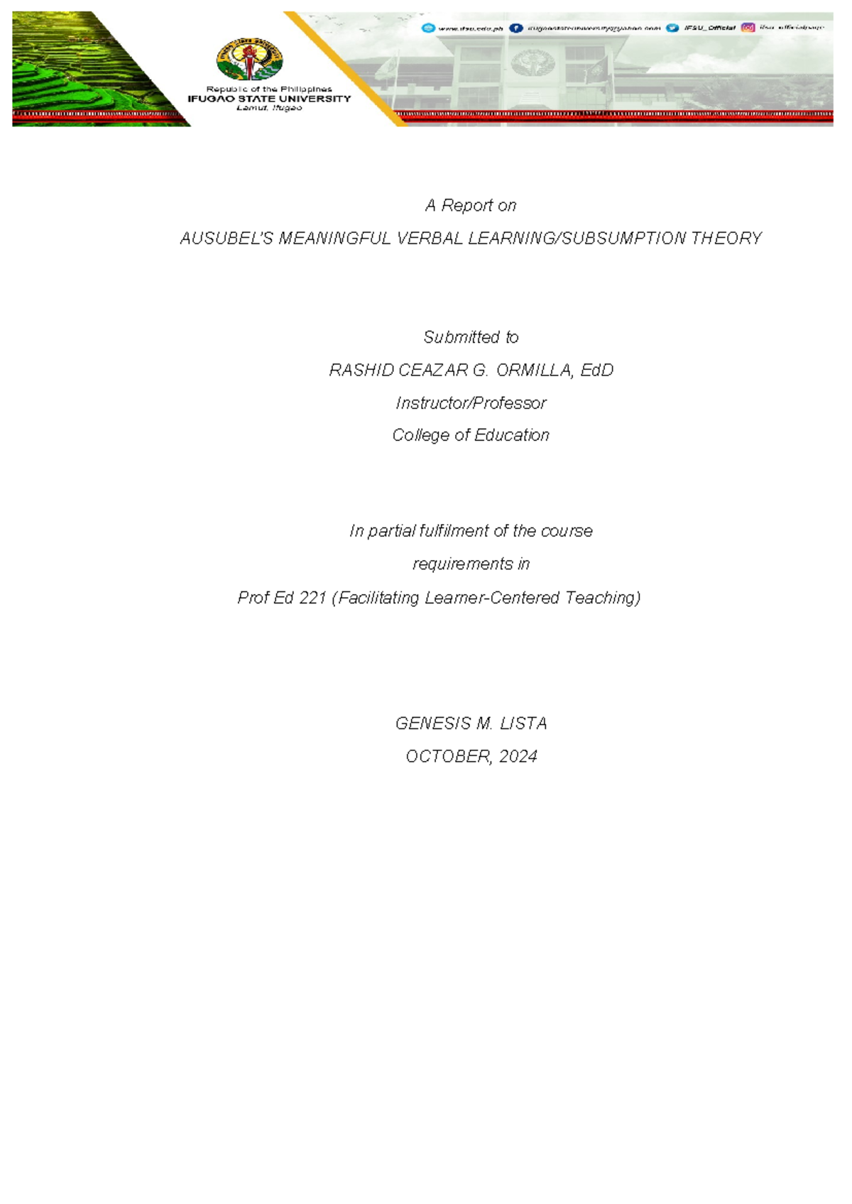 TOR Module 12: Ausubel's Meaningful Verbal Learning Theory - Studocu