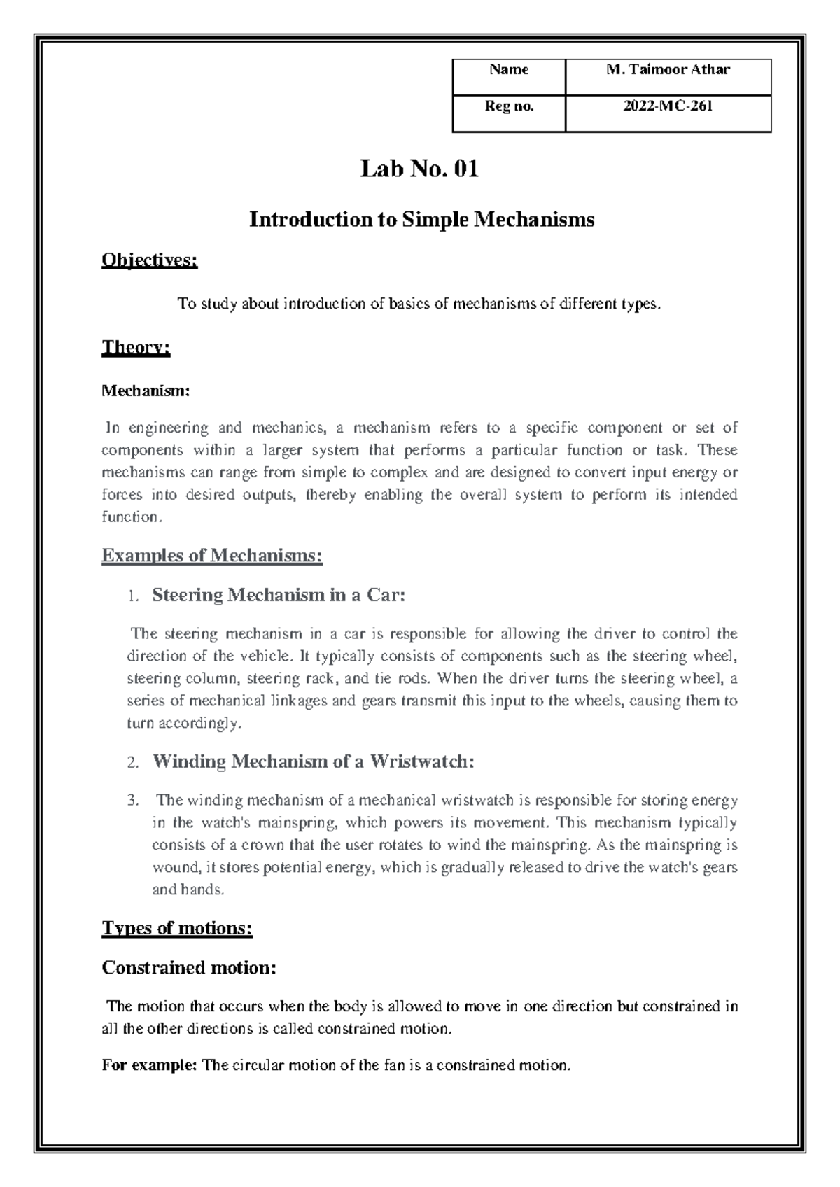 Mechanism Lab - Lab No. 01 Introduction to Simple Mechanisms Objectives ...