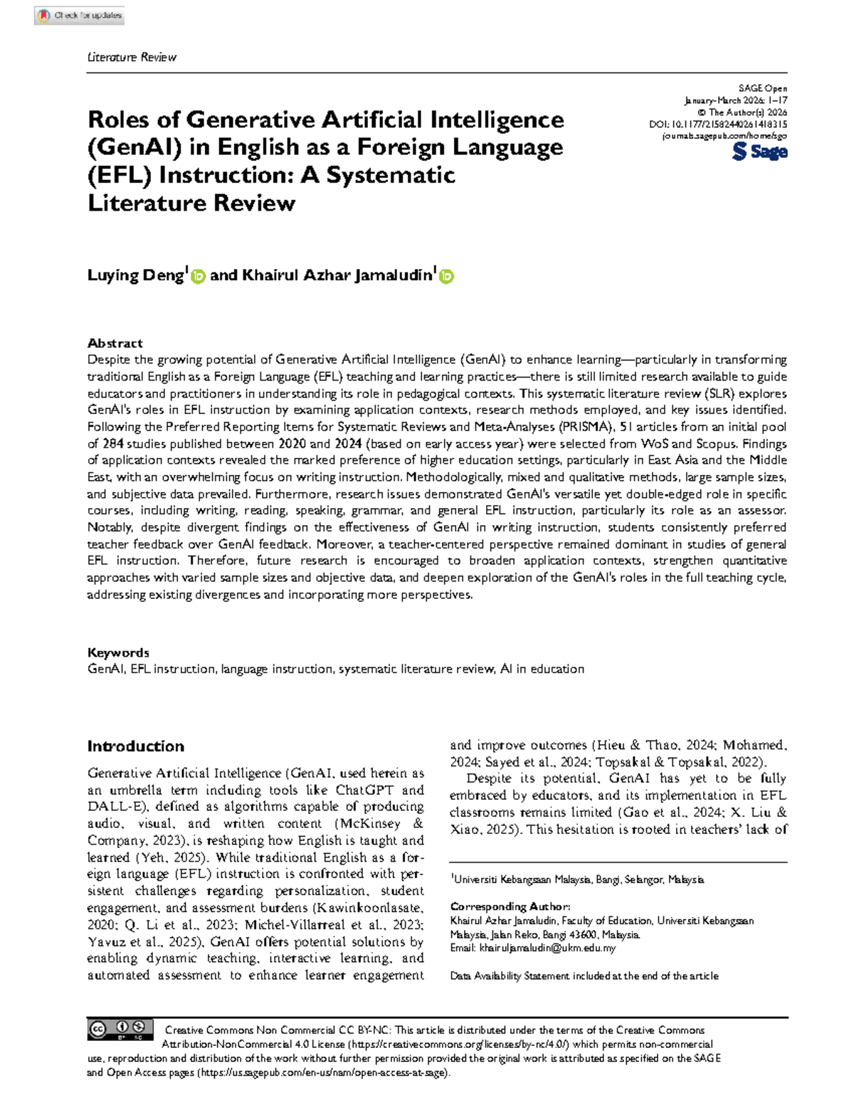 Roles of Generative AI (GenAI) in EFL Instruction: A Systematic Review ...