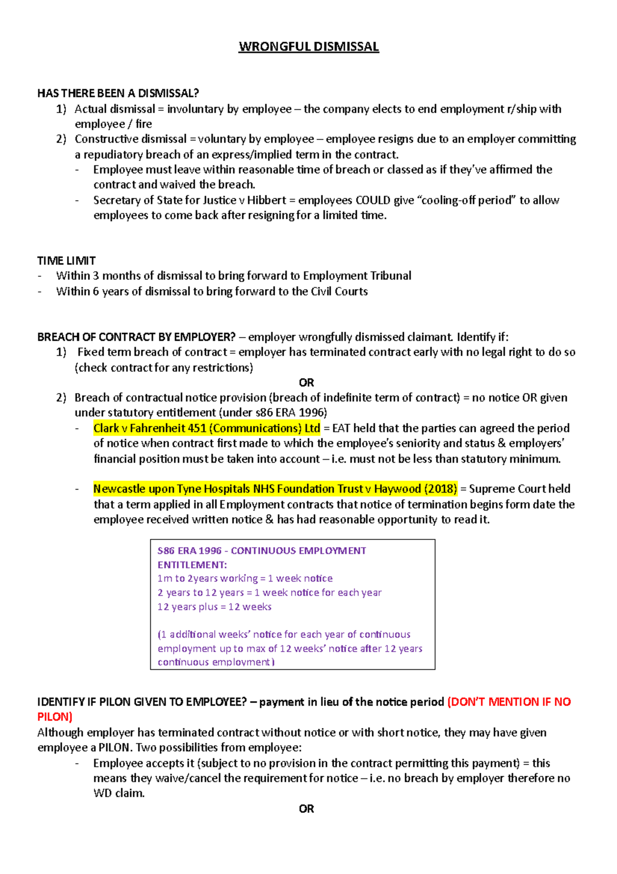 Wrongful Dismissal Notes for Employment Law ( LAW 301 ) Analysis - Studocu