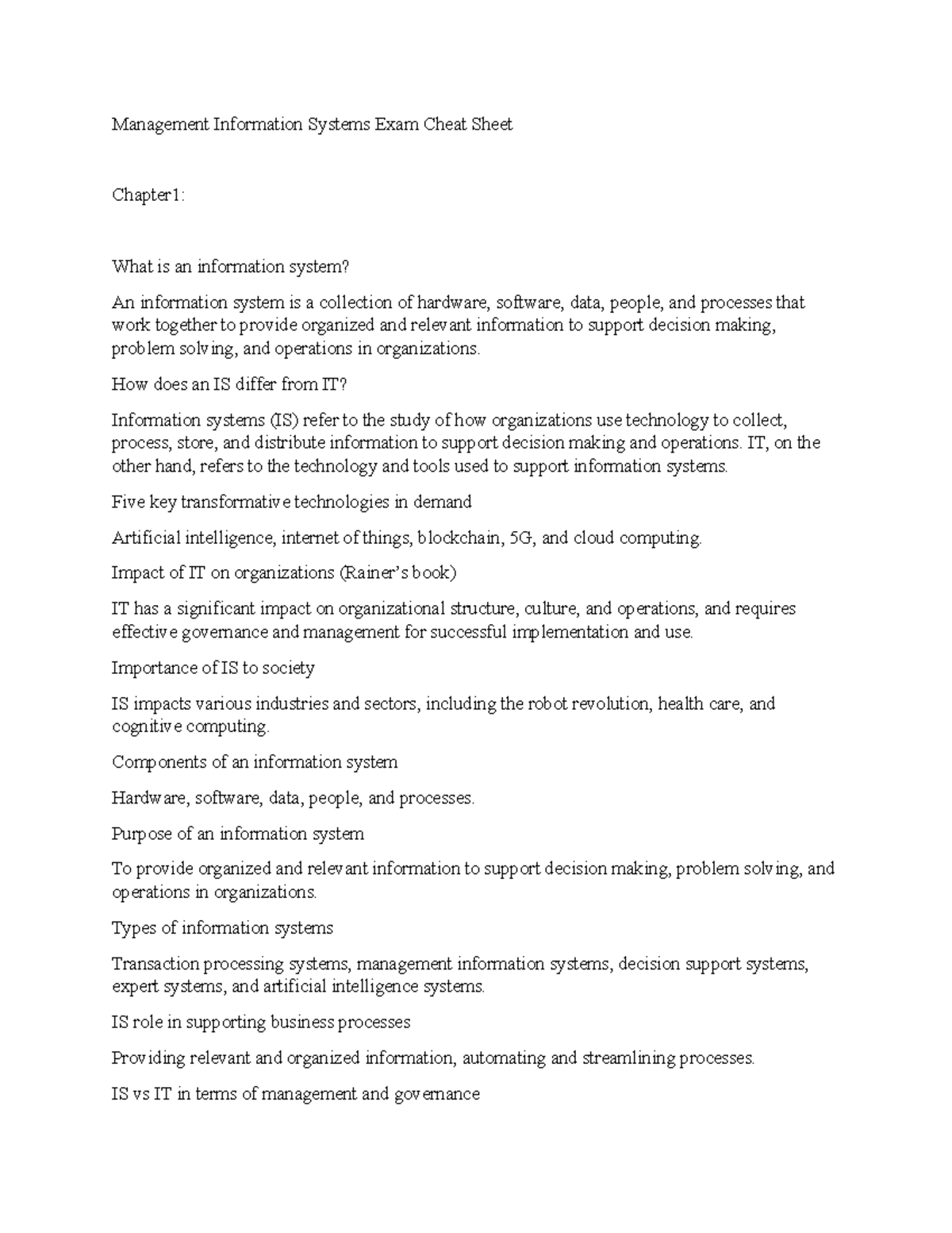 MIS 101: Exam Cheat Sheet for Information Systems and Security - Studocu