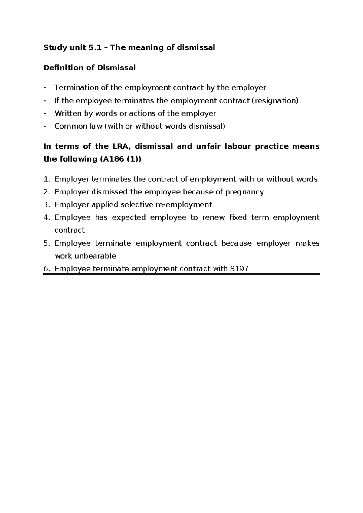 Study Unit 5.1: Understanding Dismissal and Employment Termination ...