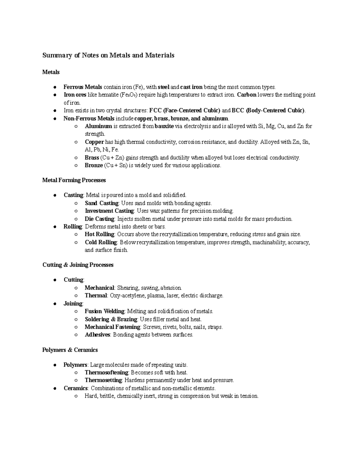 Summary of Notes on Metals & Materials (ENG 101) - Studocu