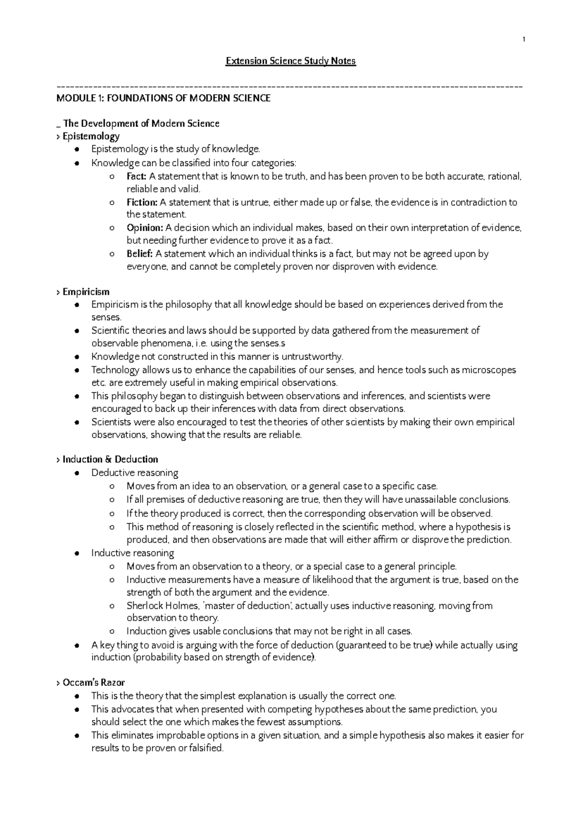 Extension Science Study Notes 1: Foundations of Modern Science - Studocu