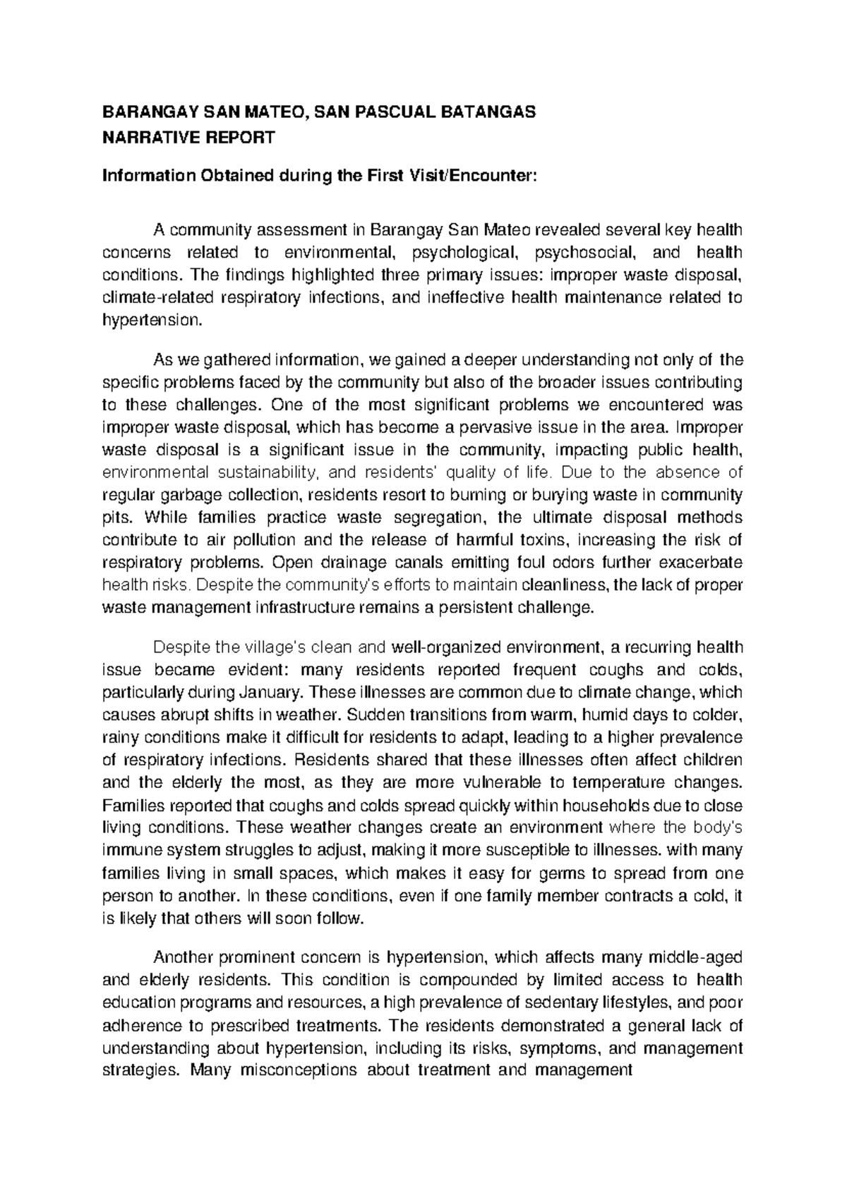 Barangay San Mateo Health Assessment Report: Key Issues & Interventions ...