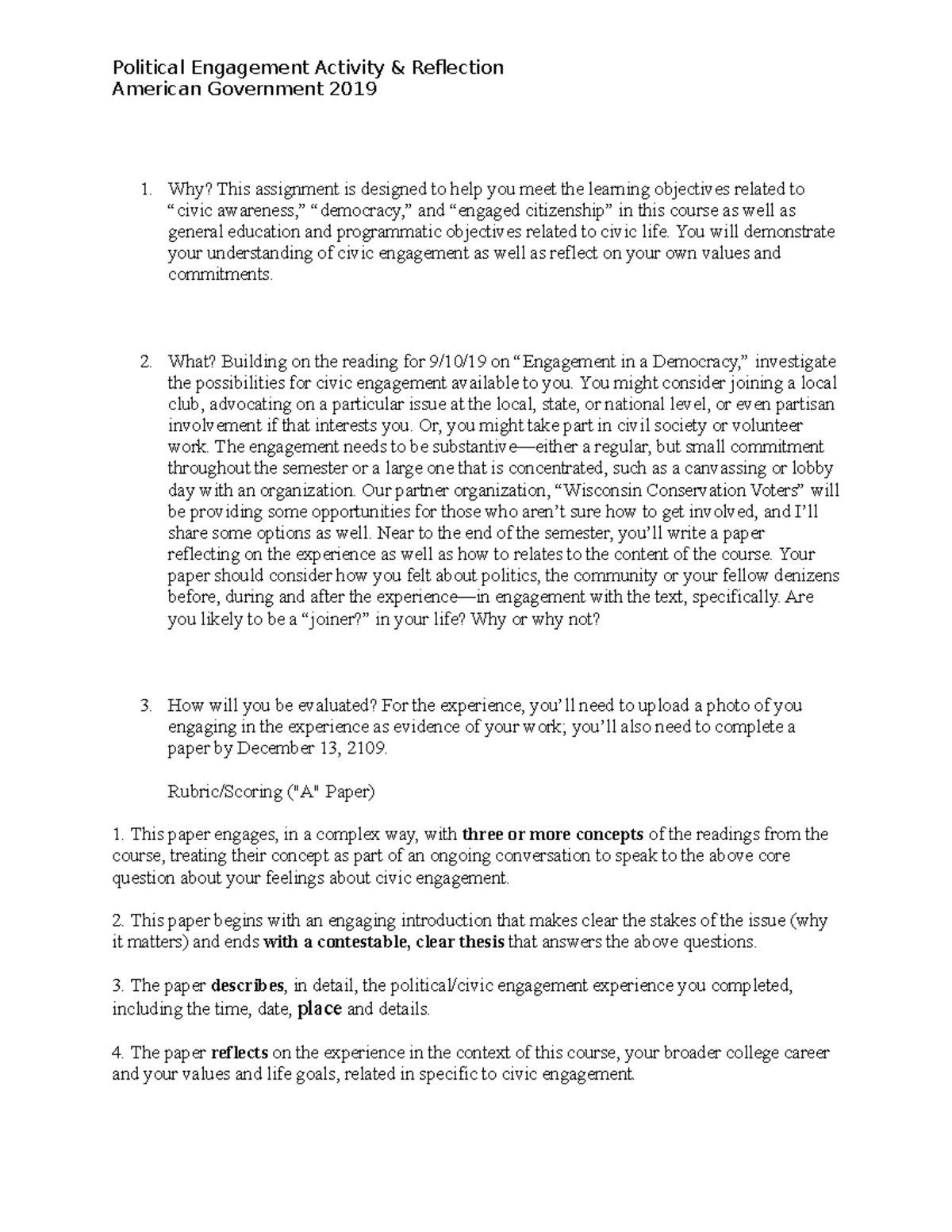 Political Engagement Reflection Activity - American Government 2019 ...