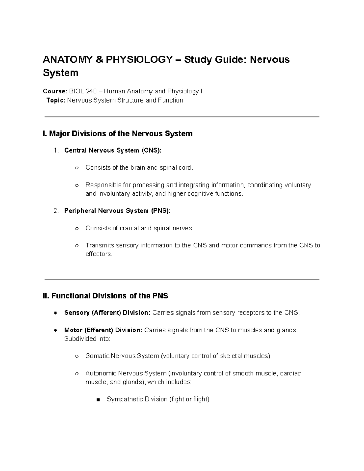 BIOL 240 Final Exam Study Guide: Nervous System Overview - Studocu
