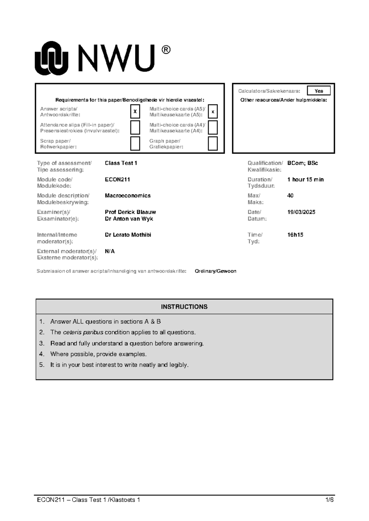 ECON211 – Class Test 1 Memo / Klastoets 1 Memo - Studocu