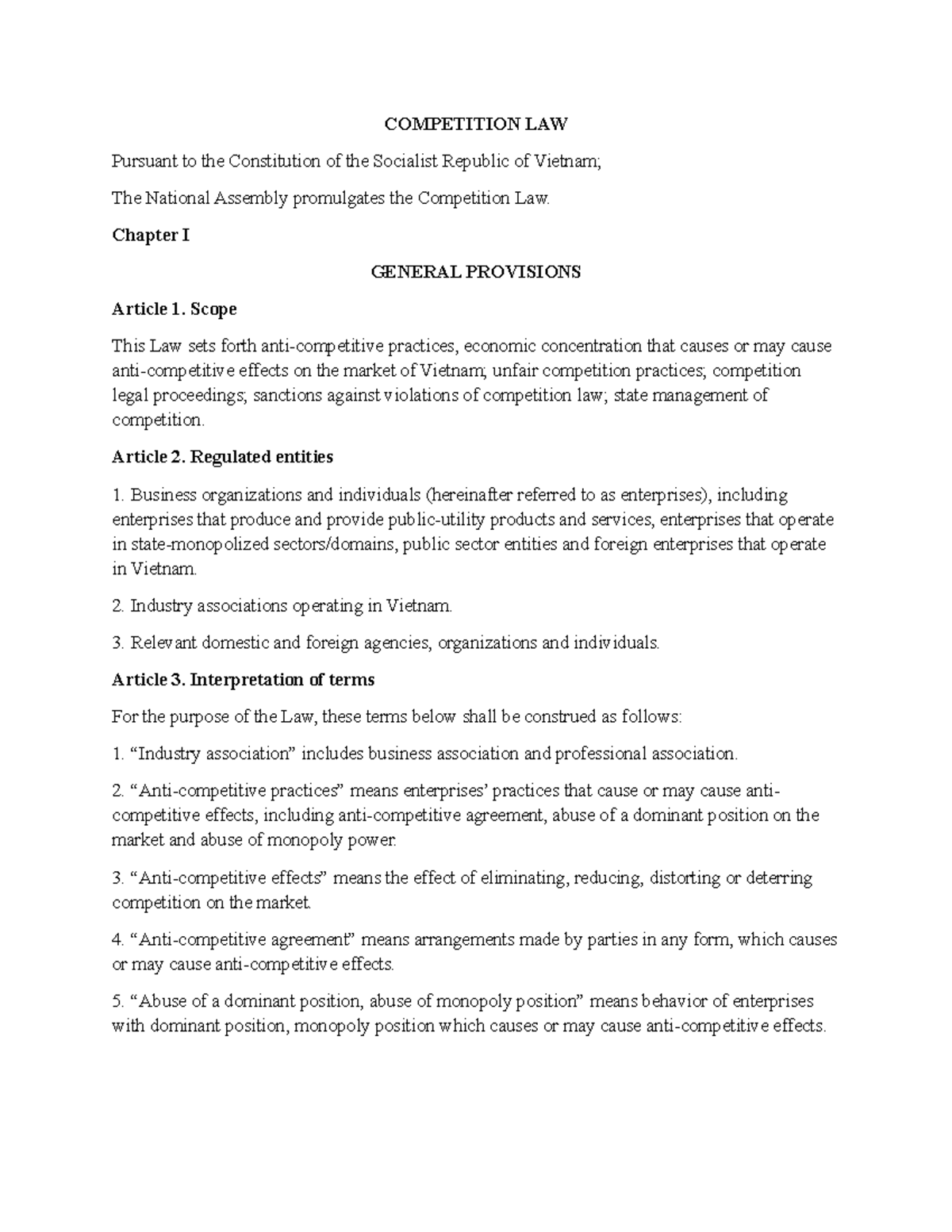 COMPETITION LAW: General Provisions and Key Articles Overview - Studocu