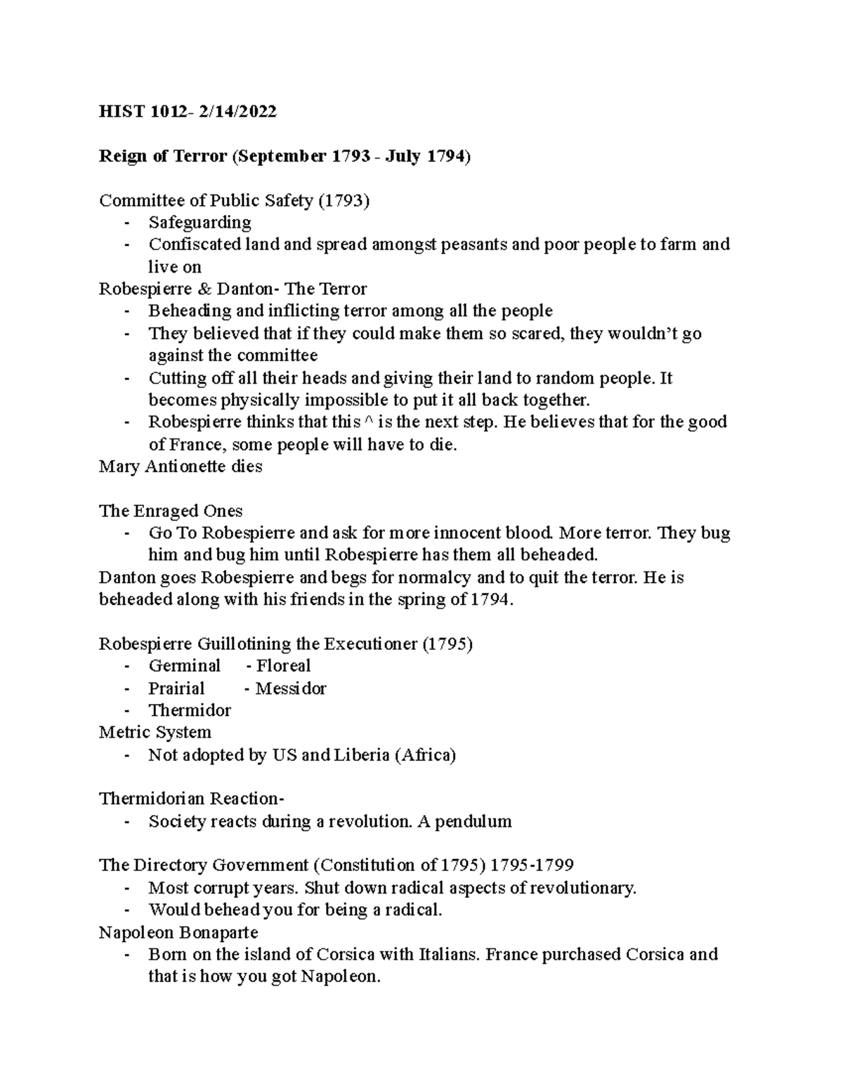 HIST 1012 - The Reign of Terror: Events and Impact (1793-1795) - Studocu