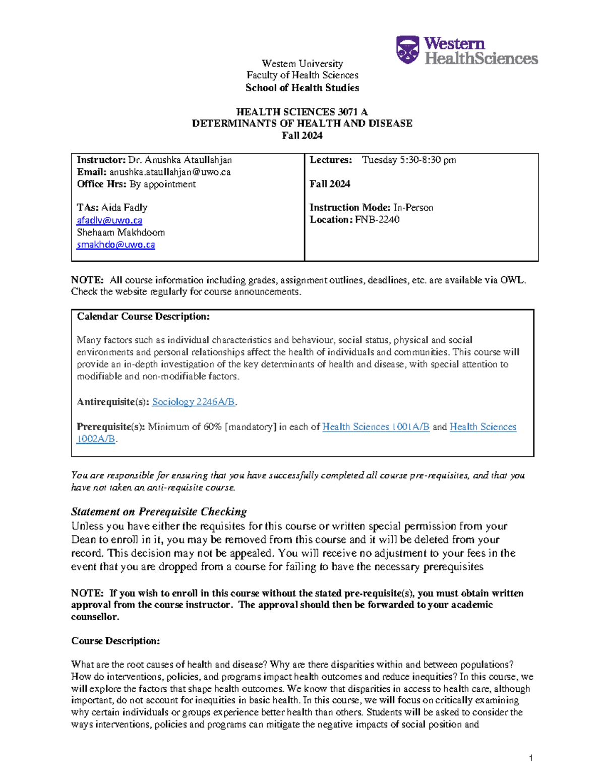 HEALTH SCIENCES 3071 A: Course Outline for Determinants of Health - Studocu