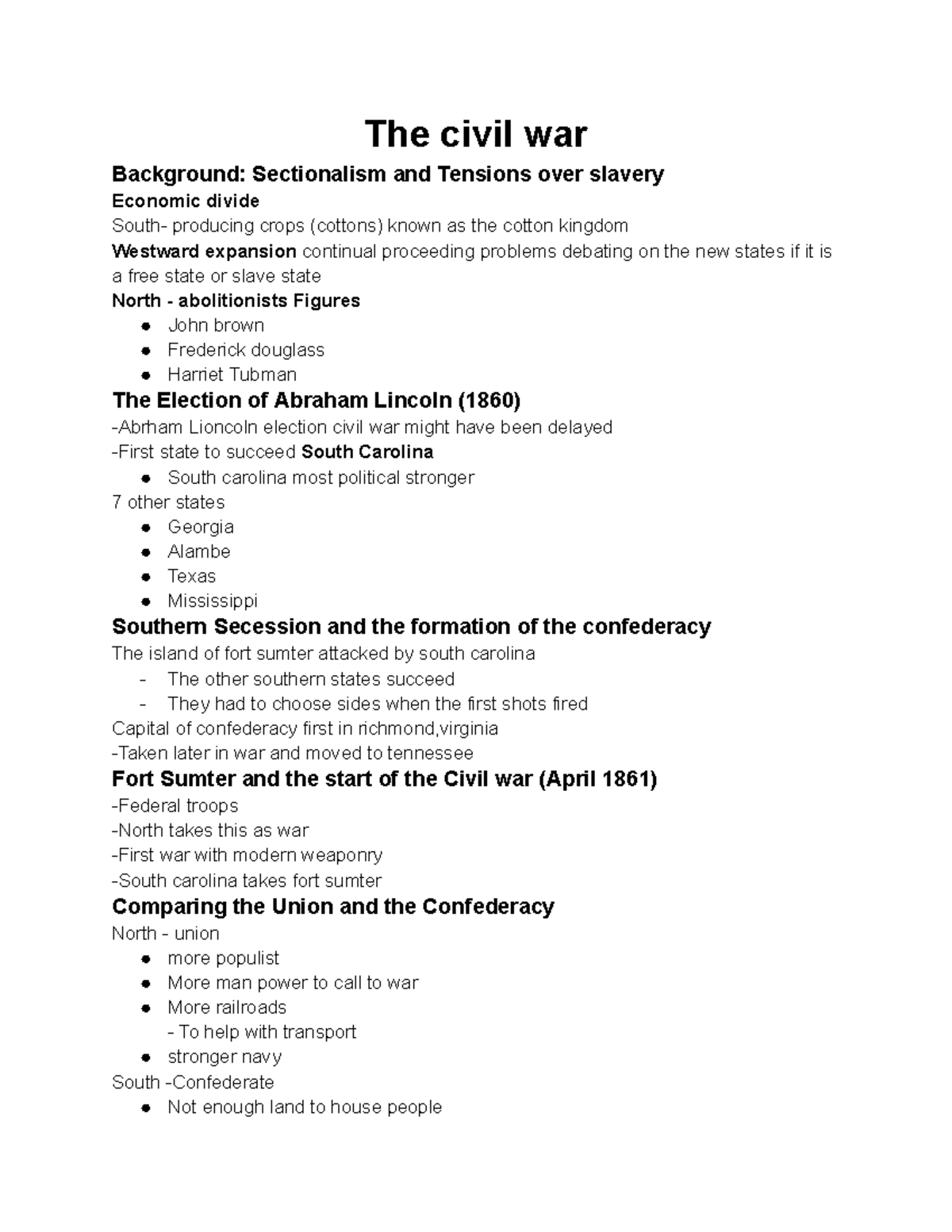 The Civil war Lecture notes 12 5 - The civil war Background ...