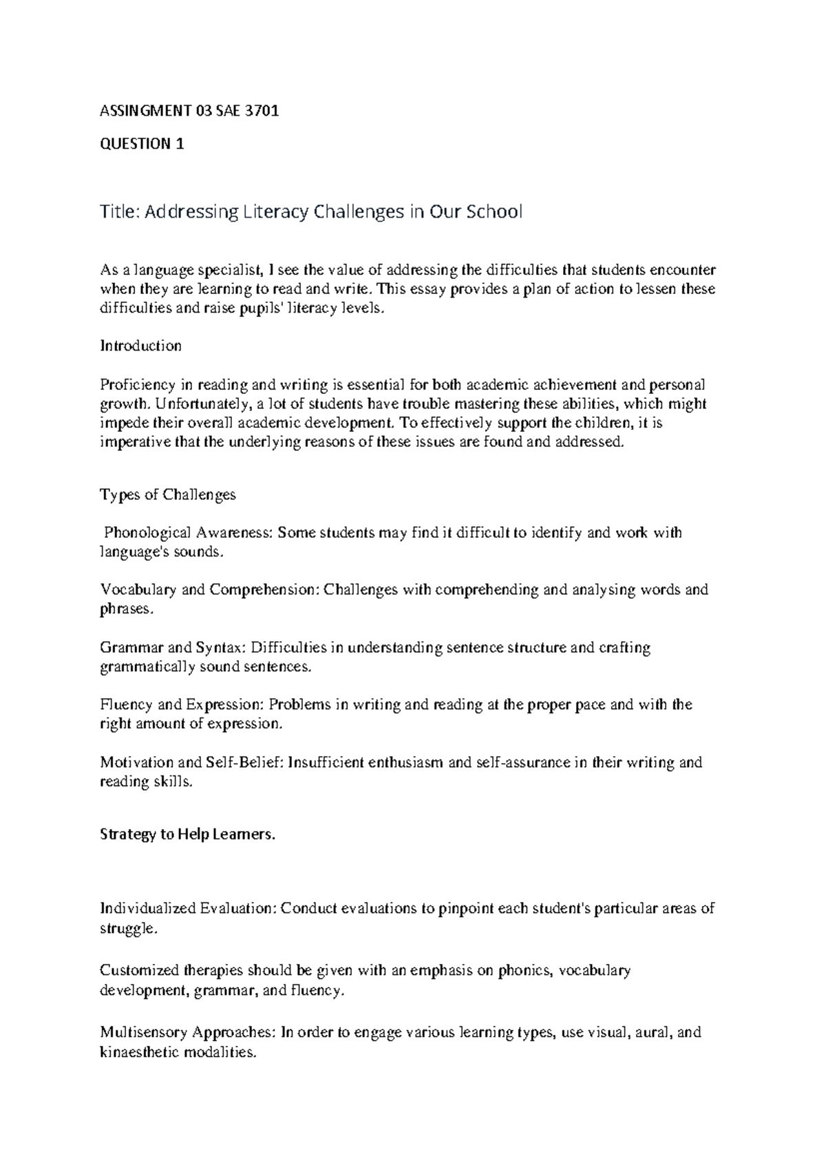 Assignment 03 SAE 3701 - This module is to assist in student in ...