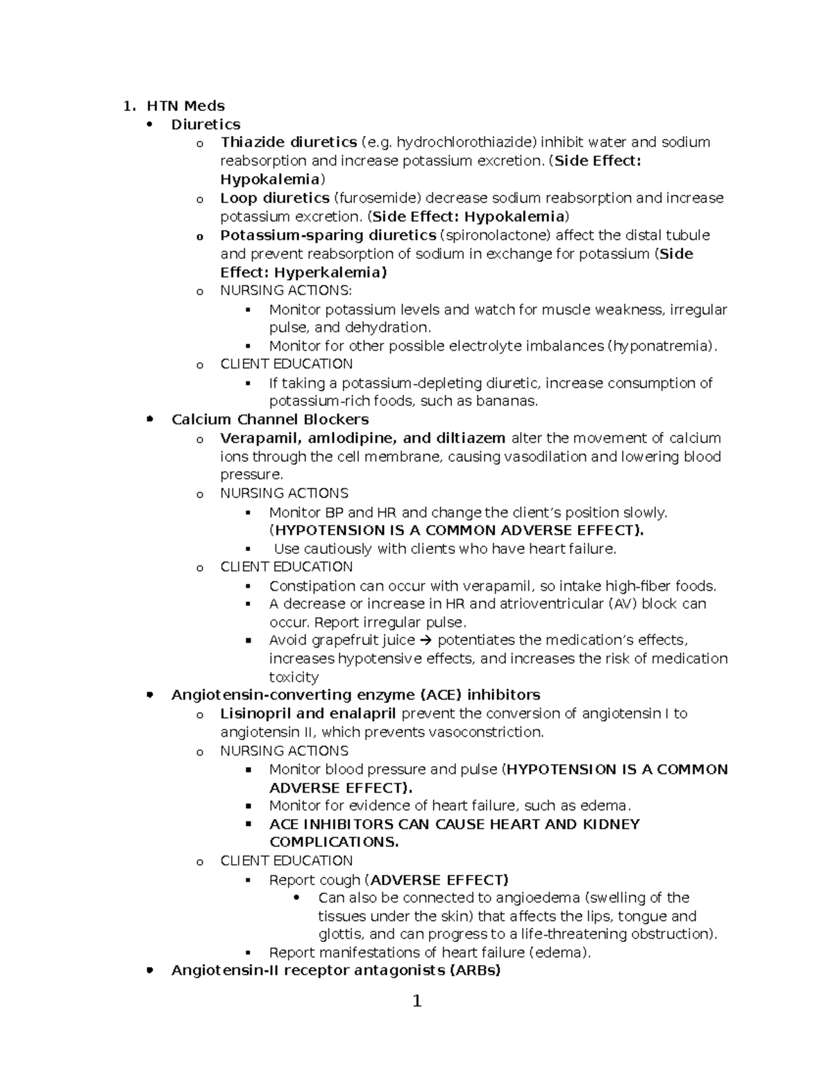 Final Exam Study Guide (Additional Info) - 1. HTN Meds Diuretics o ...