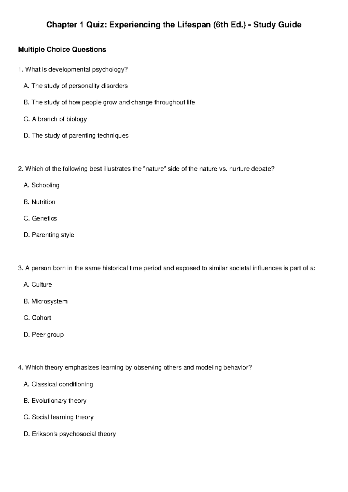 Chapter 1 Quiz (PSY 101): Study Guide on Lifespan Development - Studocu