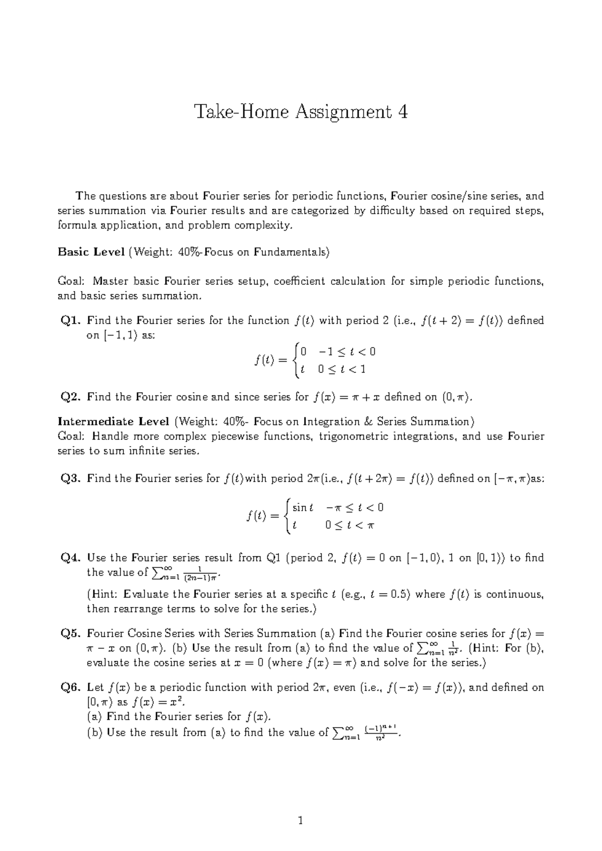 HW-4: Fourier Series Assignment on Periodic Functions and Summation ...