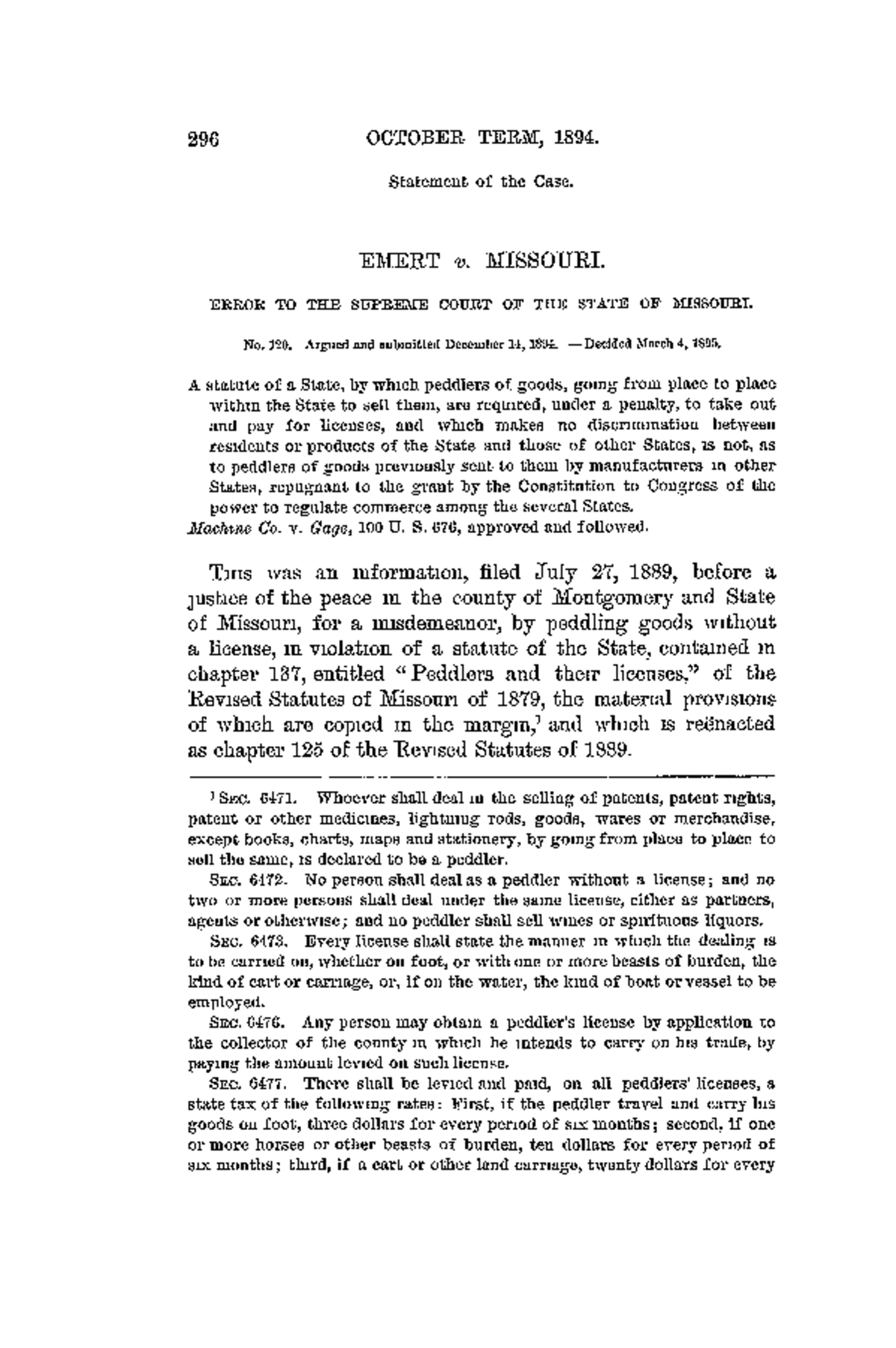 OCTOBER TERM, 1894: Emert v. Missouri - Case Analysis and Arguments ...