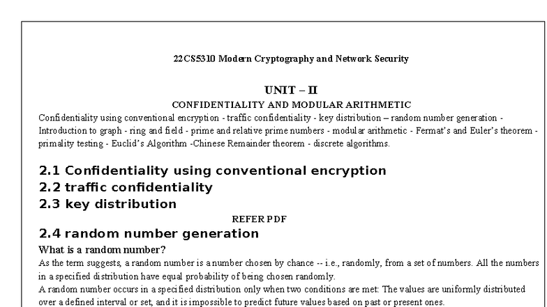 22CS5310 Modern Cryptography & Network Security: Unit II Overview - Studocu