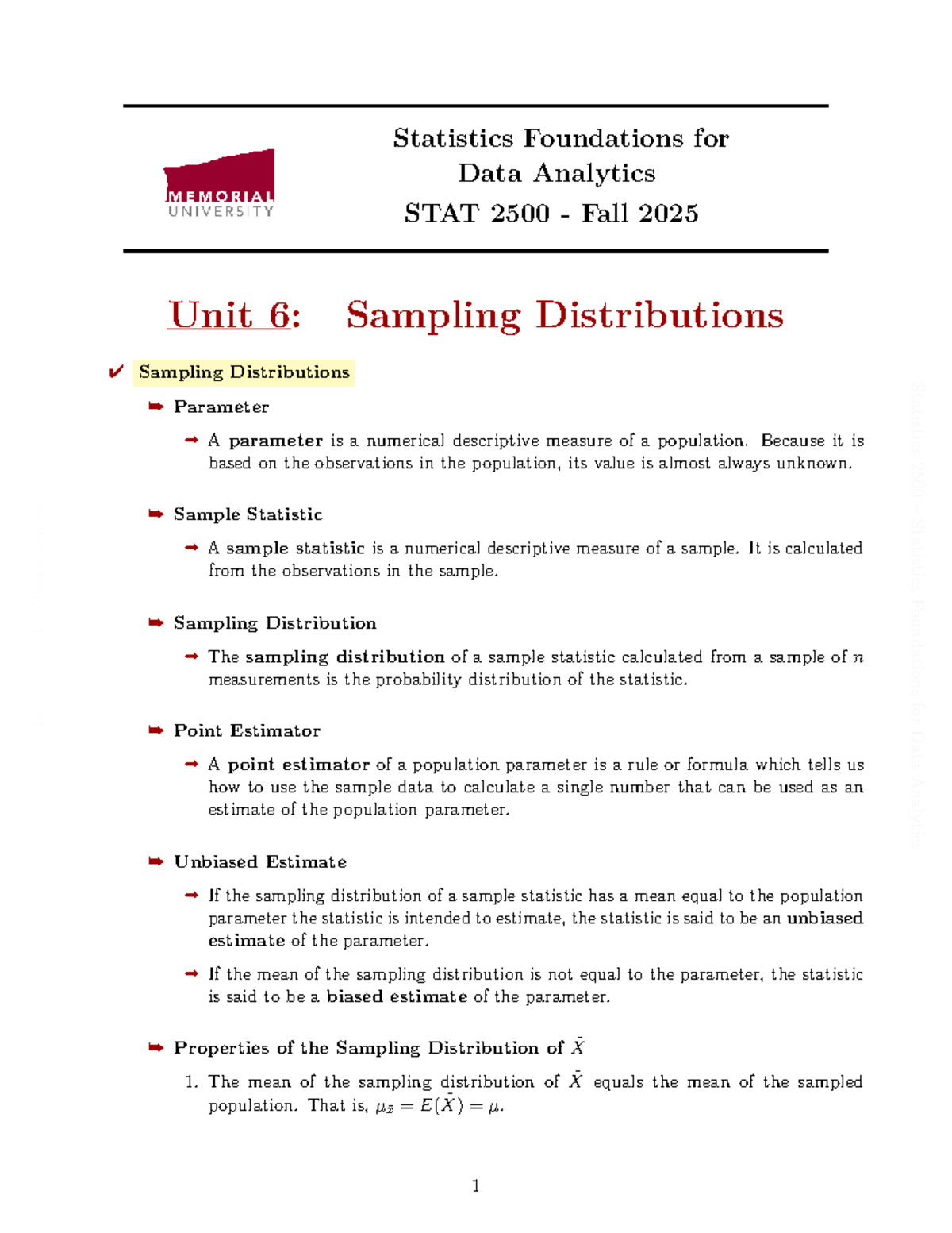Statistics Foundations for Data Analytics STAT 2500 Unit 6: Sampling ...