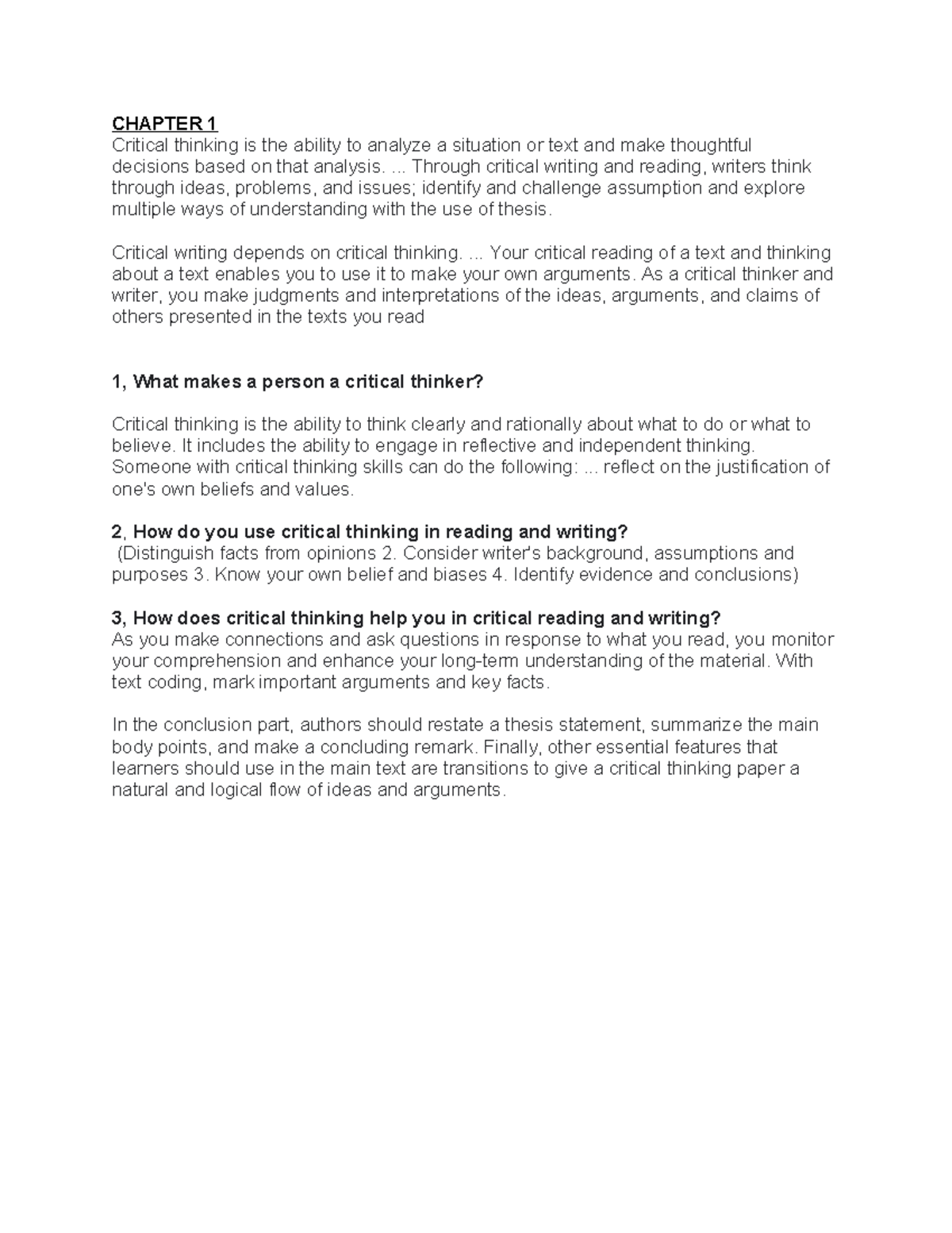 Chapter 1 - xdv - Critical thinking is the ability to analyze a ...