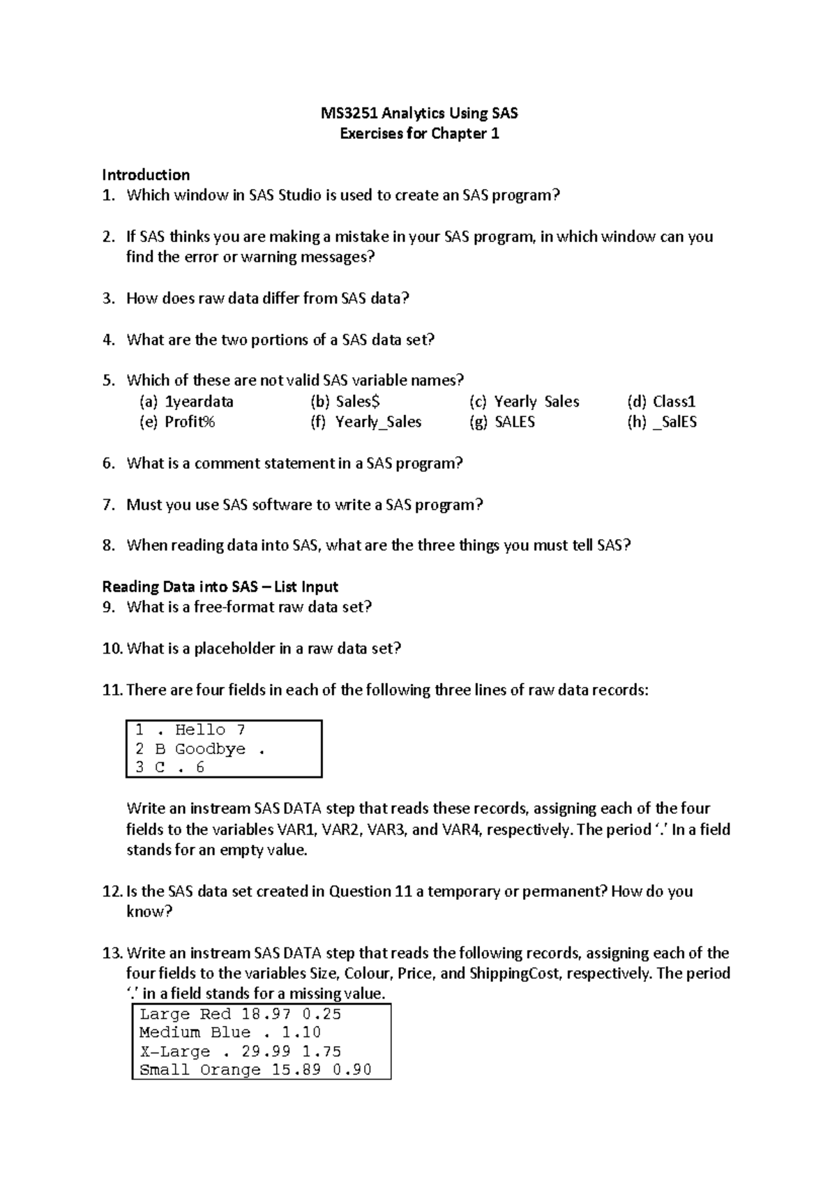 MS3251 SAS Analytics Exercises: Chapter 1 Overview and Questions - Studocu