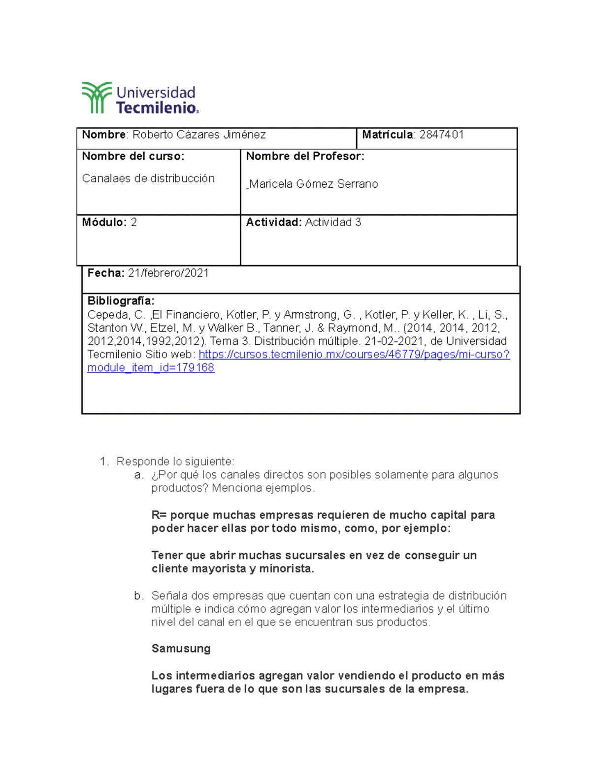 Act3 - Actividad 3 - Canales de distribución - Rúbrica Reporte Nombre ...