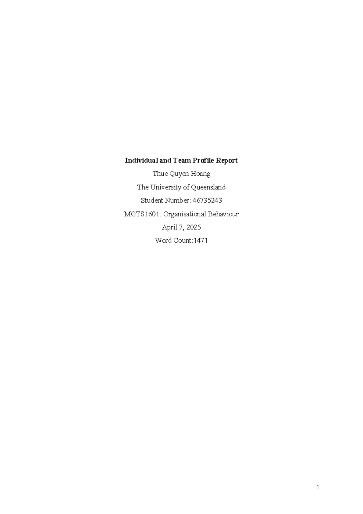 MGTS1601: Individual and Team Profile Report on Personality Traits ...