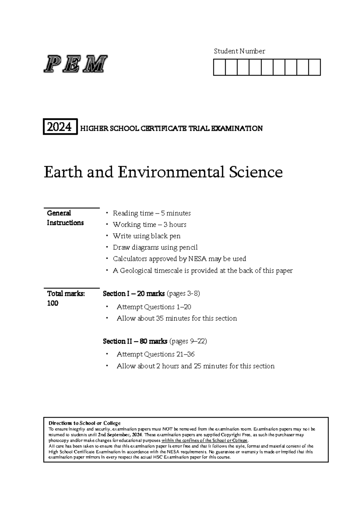 PEM 2024 EES Trial HSC Exam Paper: Earth and Environmental Science ...