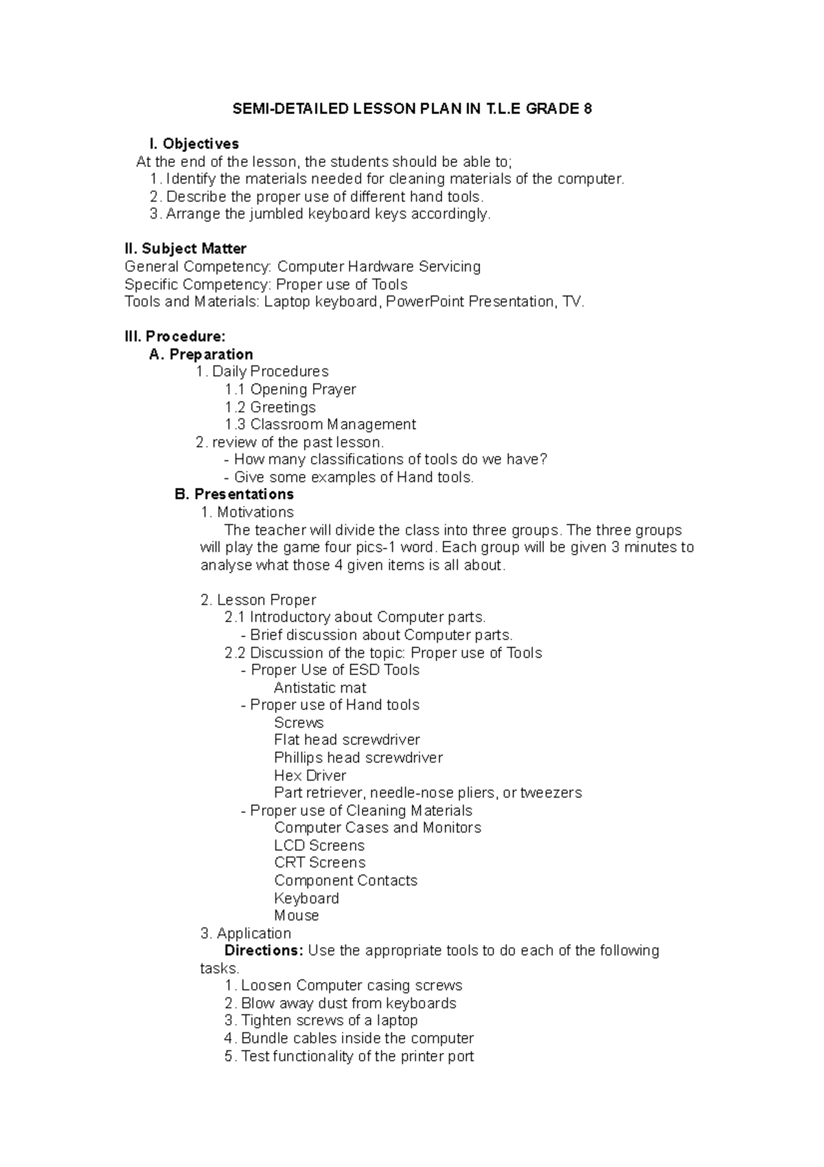 Semi-Detailed Lesson Plan - SEMI-DETAILED LESSON PLAN IN T.L GRADE 8 I ...