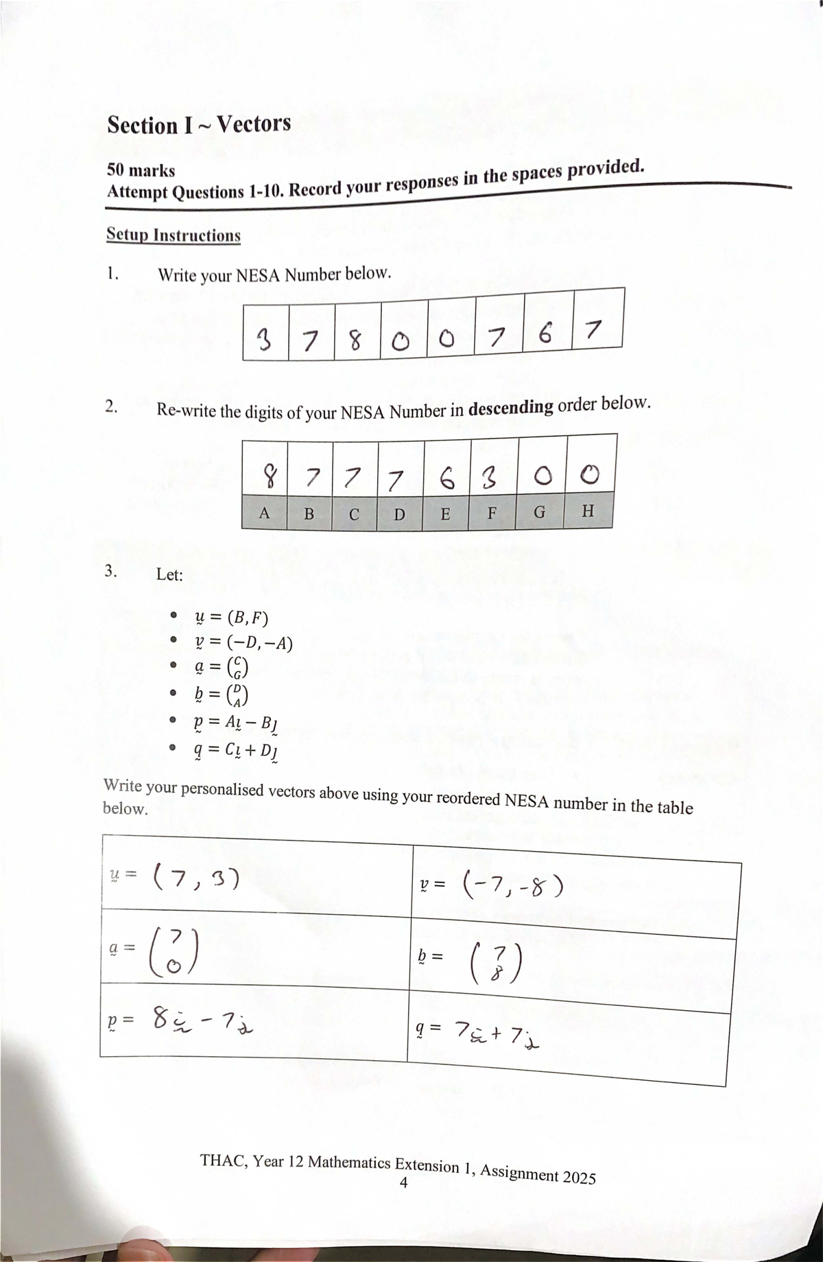 THAC Year 12 Mathematics Extension 1 Assignment: Vectors Section I ...