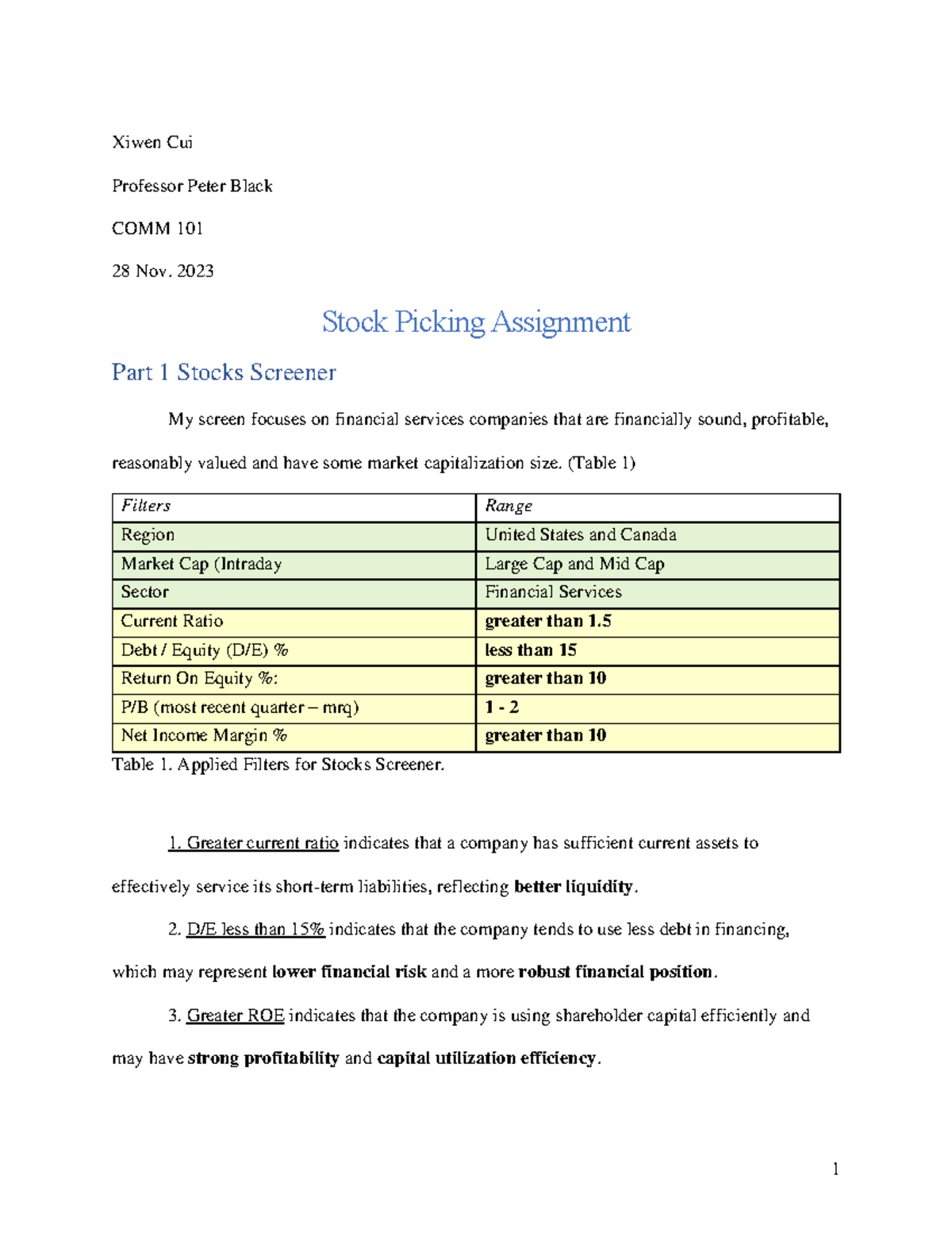 Stock pick - Xiwen Cui Professor Peter Black COMM 101 28 Nov. 2023 ...