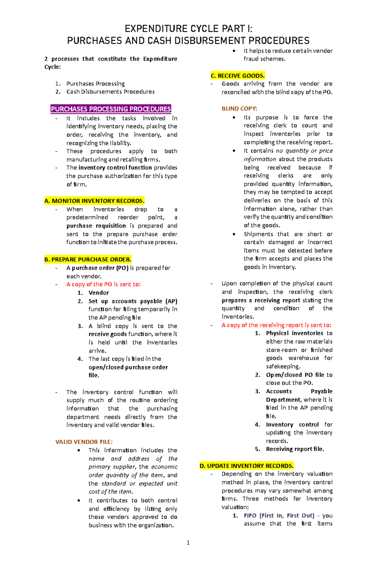 Expenditure Cycle Part I: Purchases & Cash Disbursement Procedures ...