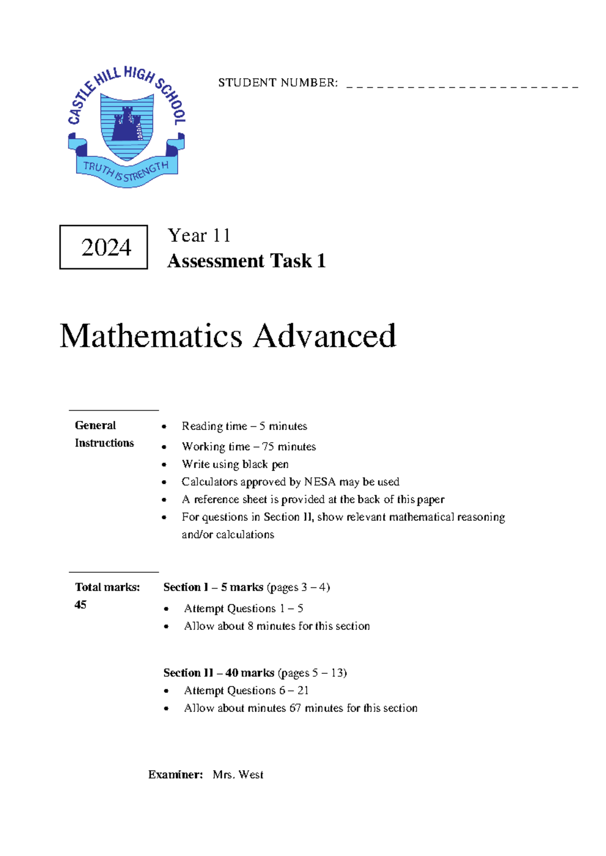 Year 11 Mathematics Advanced T1 2024 Exam Paper - Studocu