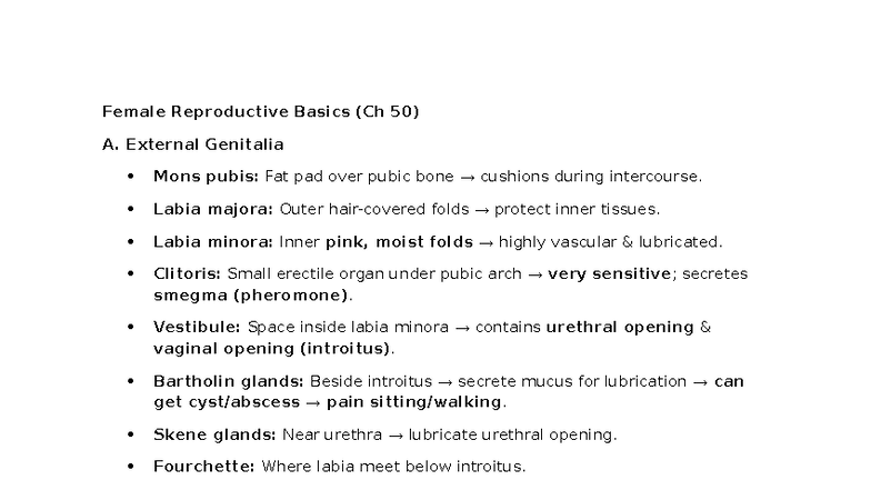 Female Reproductive Notesheet (Ch 50) - Key Concepts & Nursing Tips -  Studocu