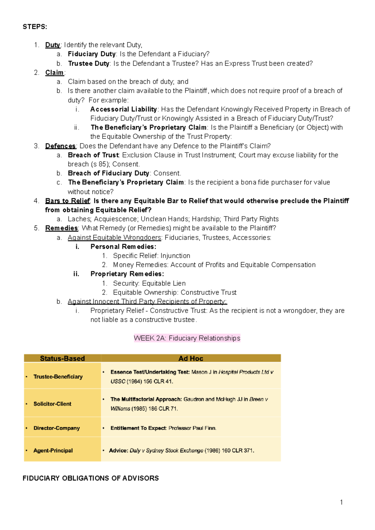 Equity and Trusts Notes (LAW 101): Fiduciary Duties and ...