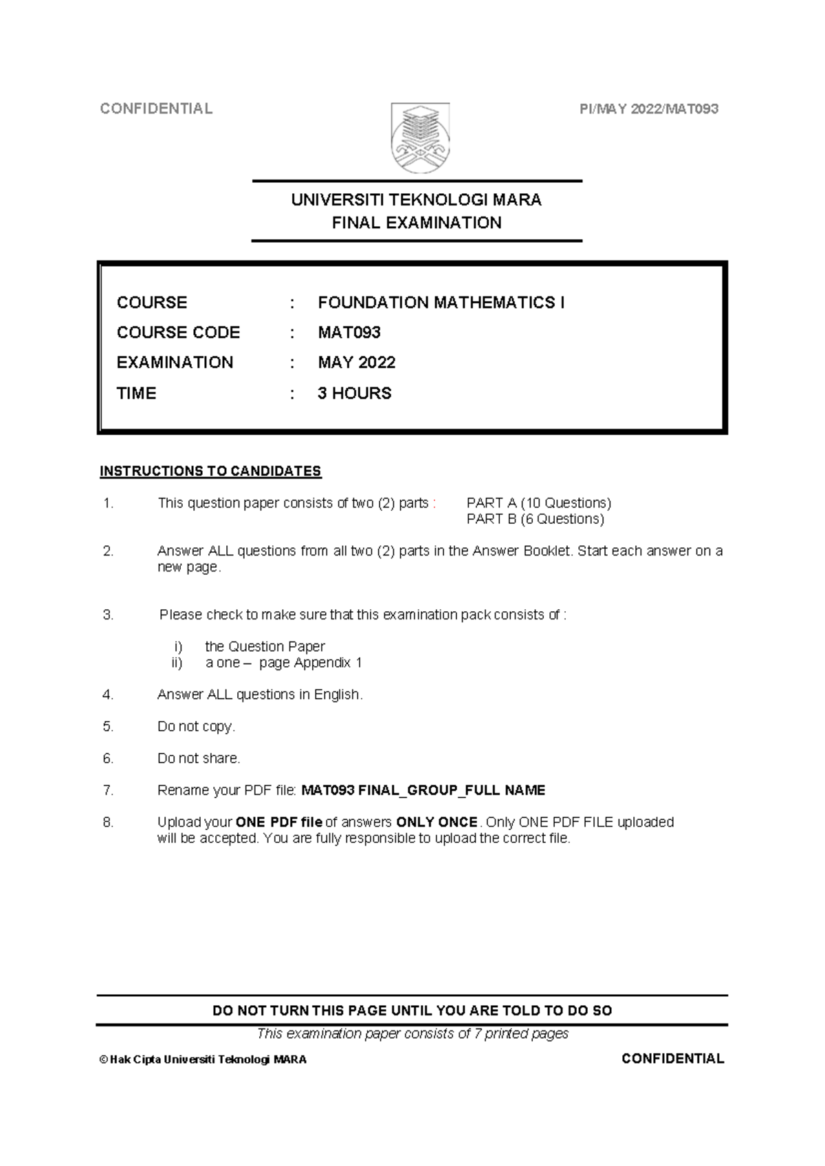 20222 MAT093 Final Assessment 3 June 2022 - Question Paper ...