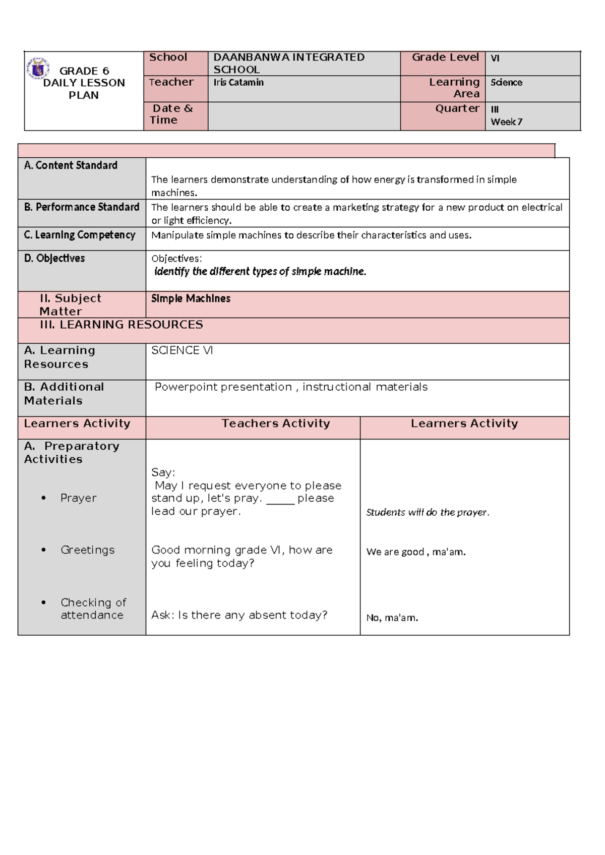 Grade 6 Science Week 7 Lesson Plan: Simple Machines Day 1 - Studocu