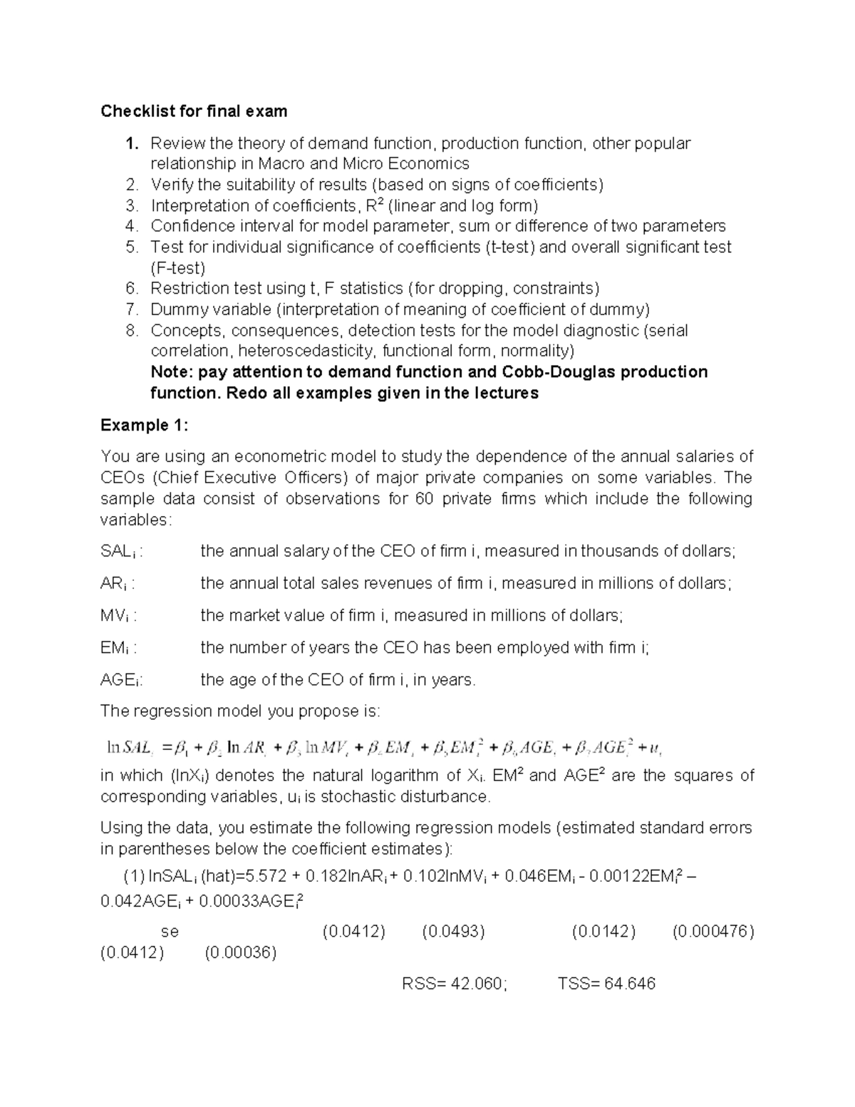Checklist for Final Exam K65: Key Concepts in Econometrics - Studocu