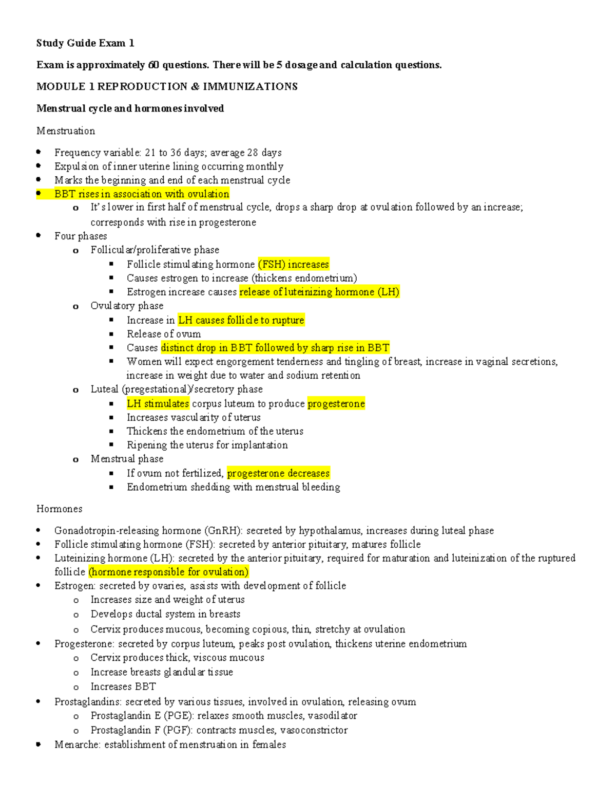 OB 101: Study Guide for Exam 1 - Reproduction & Immunizations - Studocu