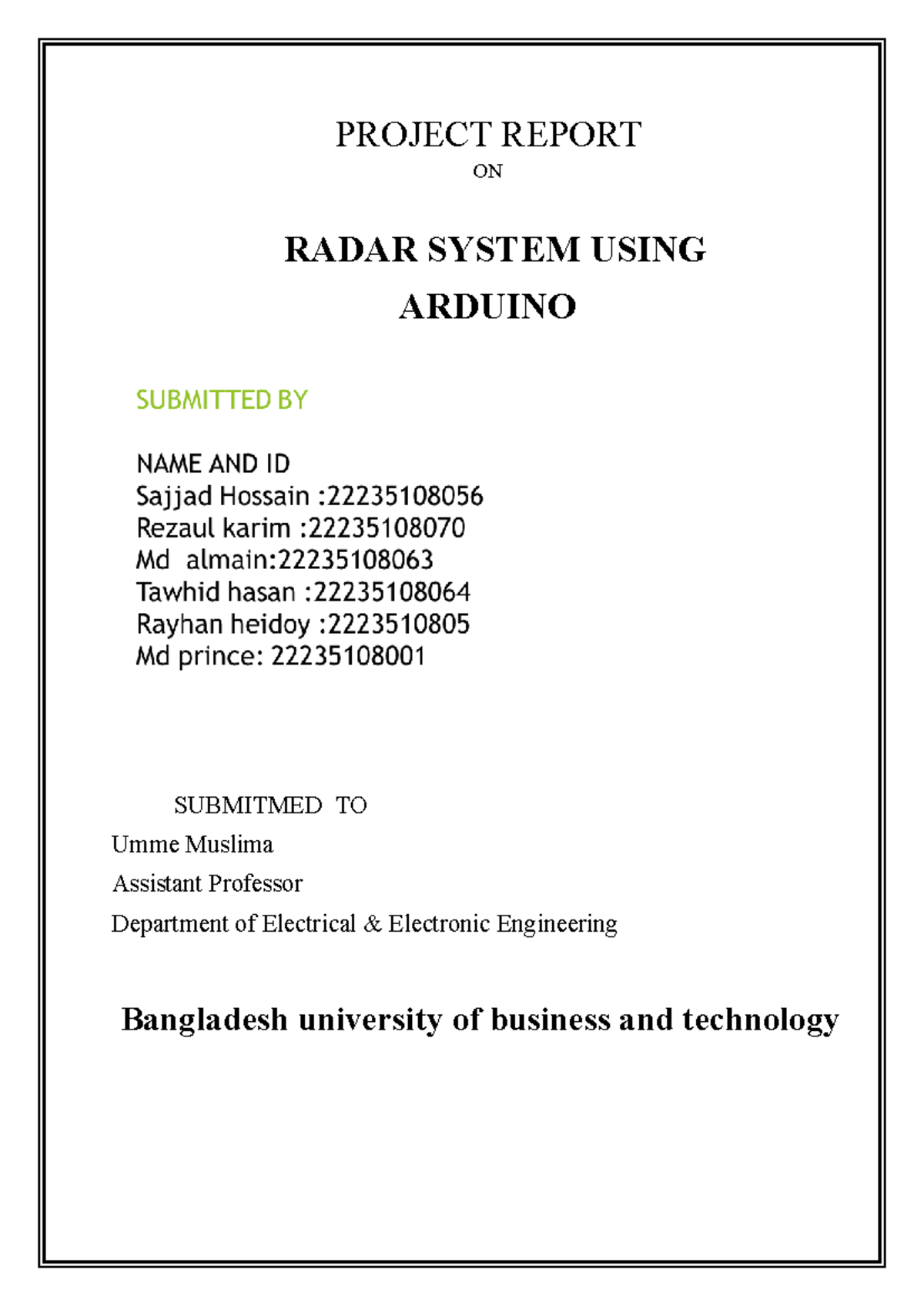 Project Report on Ultrasonic Radar System Using Arduino - Studocu