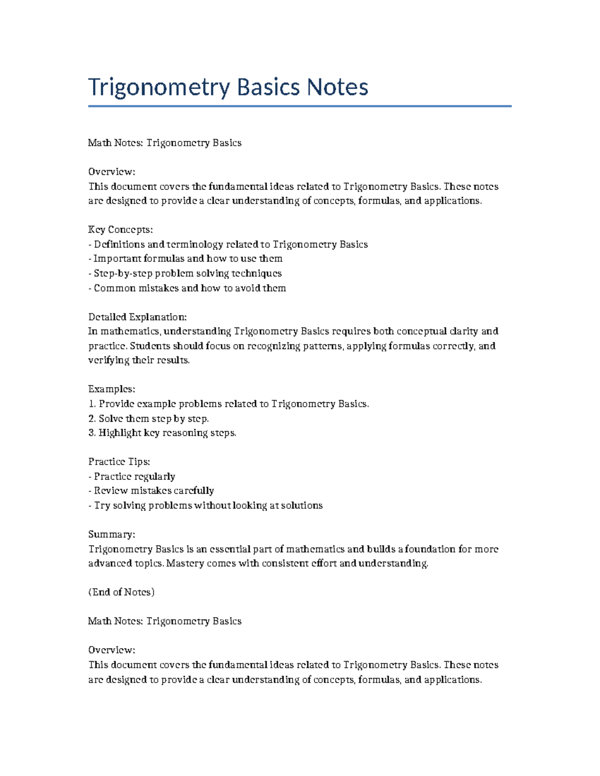 Math 7: Trigonometry Basics Study Notes and Key Concepts - Studocu