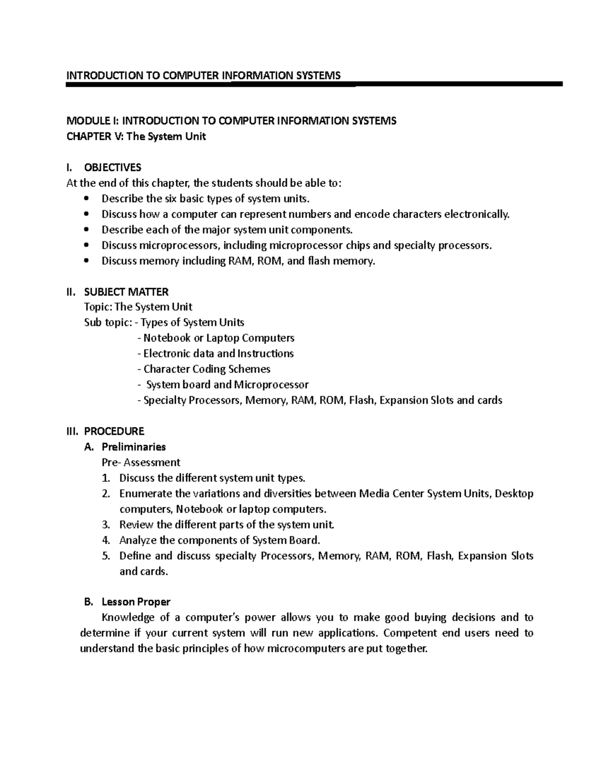 Activity Module for Chapter-5 - INTRODUCTION TO COMPUTER INFORMATION ...