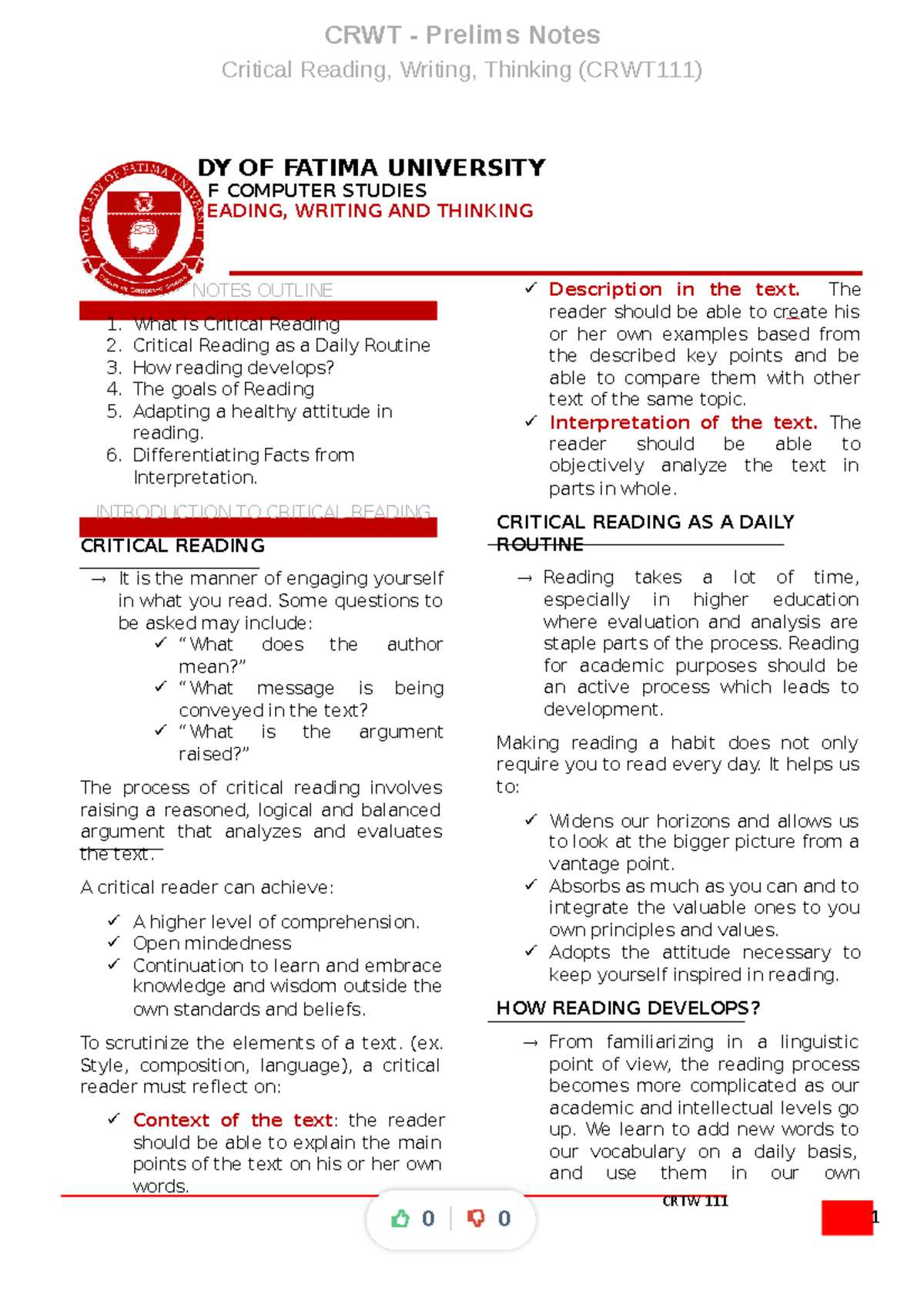 CRWT111: Prelim Notes on Critical Reading, Writing & Thinking - Studocu