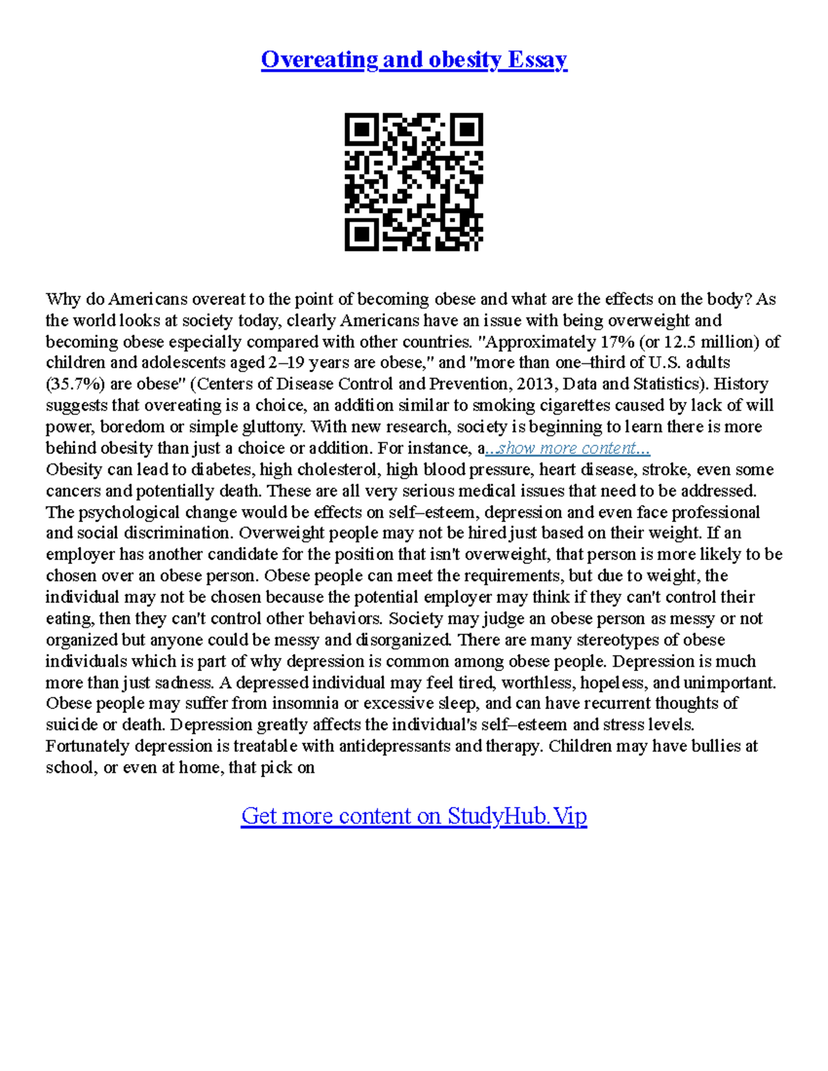 Causes and Effects of Obesity in America: An Analytical Essay - Studocu