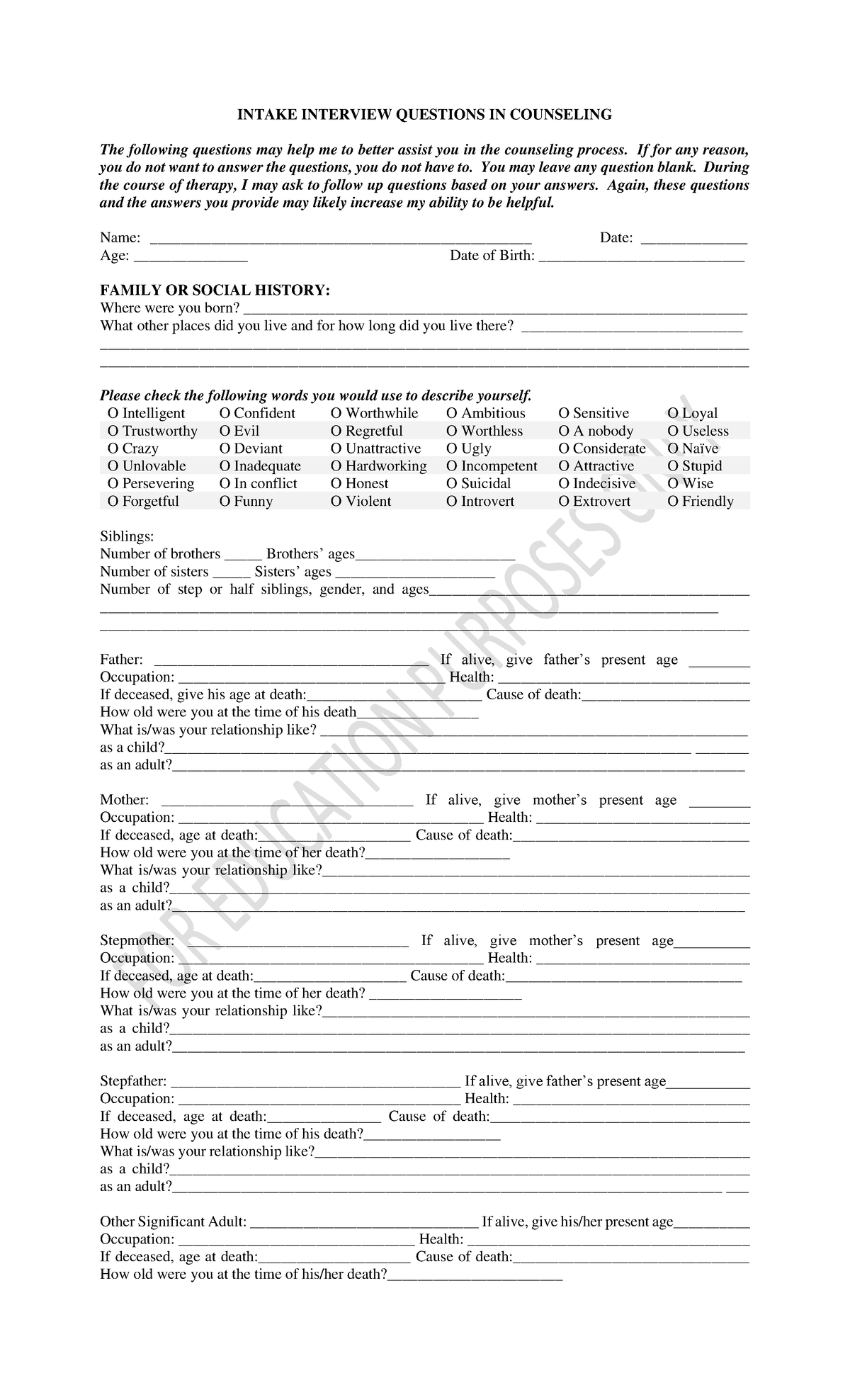 Intake- Interview - Sheet - INTAKE INTERVIEW QUESTIONS IN COUNSELING ...