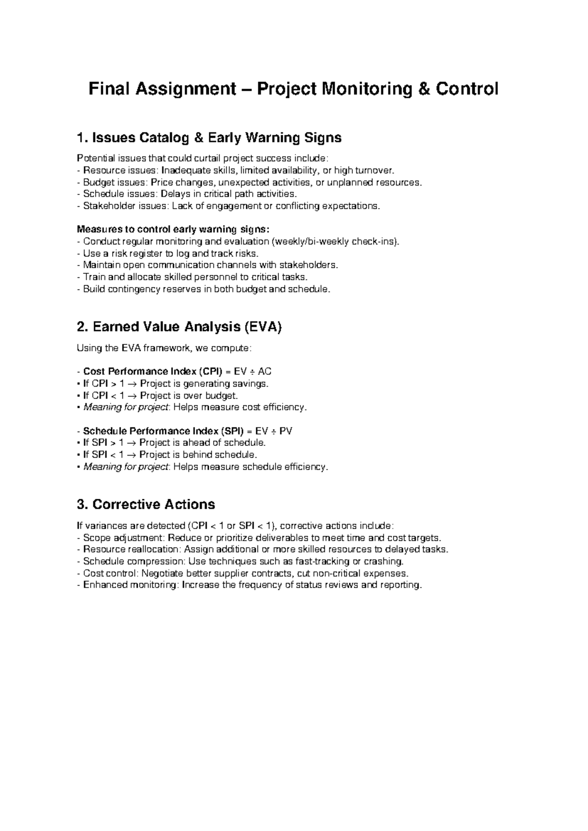 Final Assignment: Project Monitoring & Control Issues Catalog - Studocu