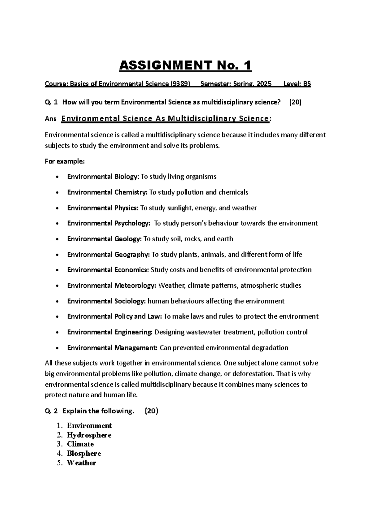 Assignment No. 1: Multidisciplinary Aspects of Environmental Science ...