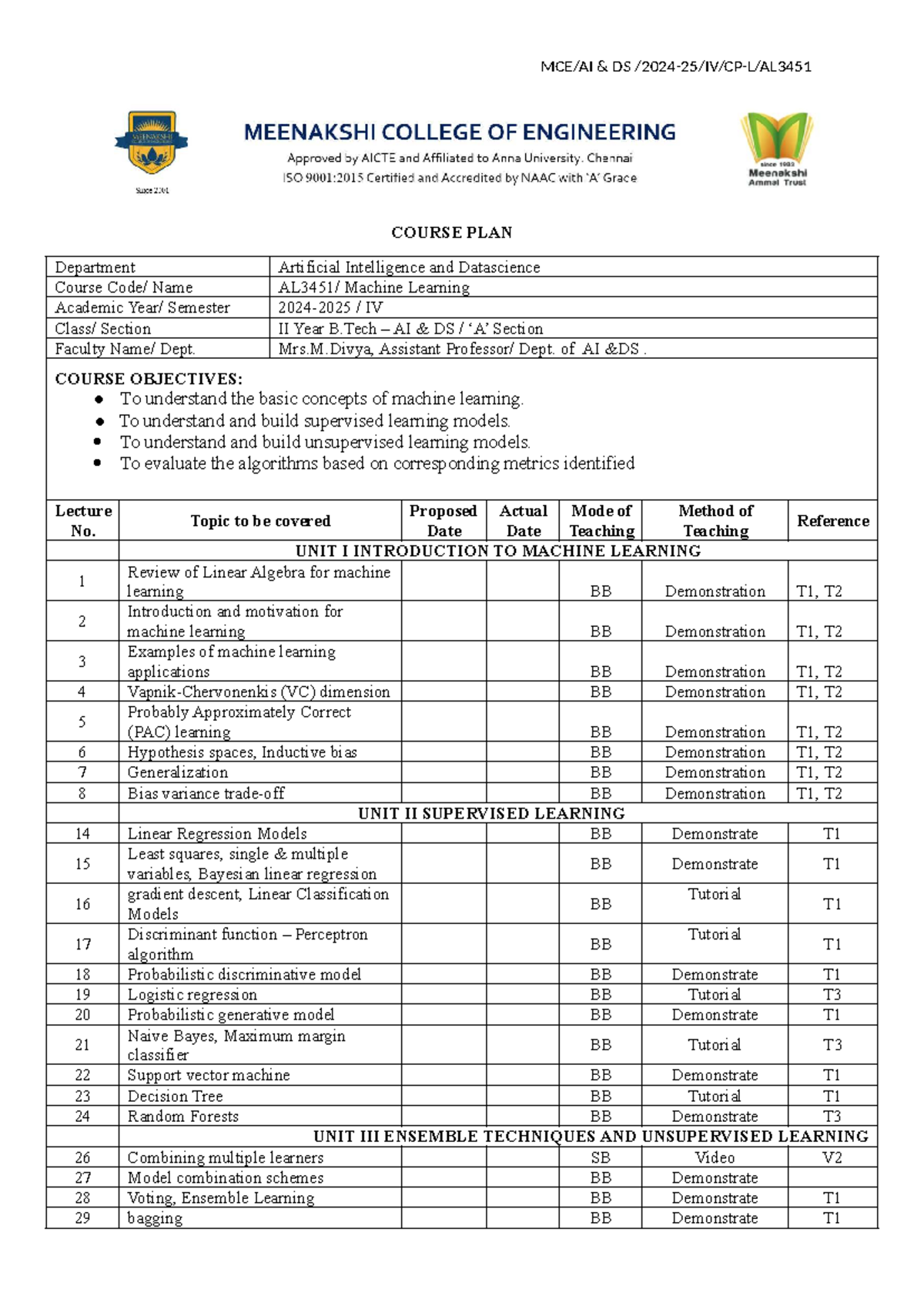AI DS machine learning Course plan - MCE/AI & DS /2024-25/IV/CP-L/AL ...