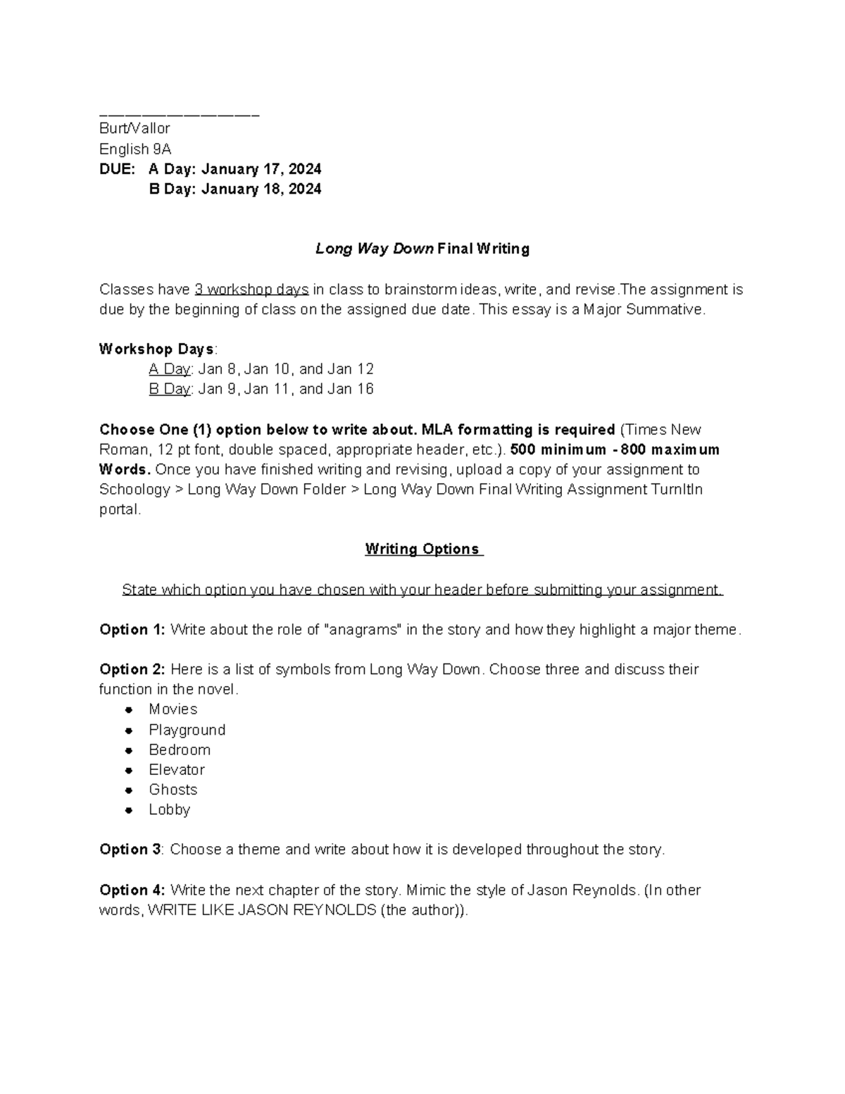 Long Way Down English 9A Final Writing Assignment Guide - Studocu