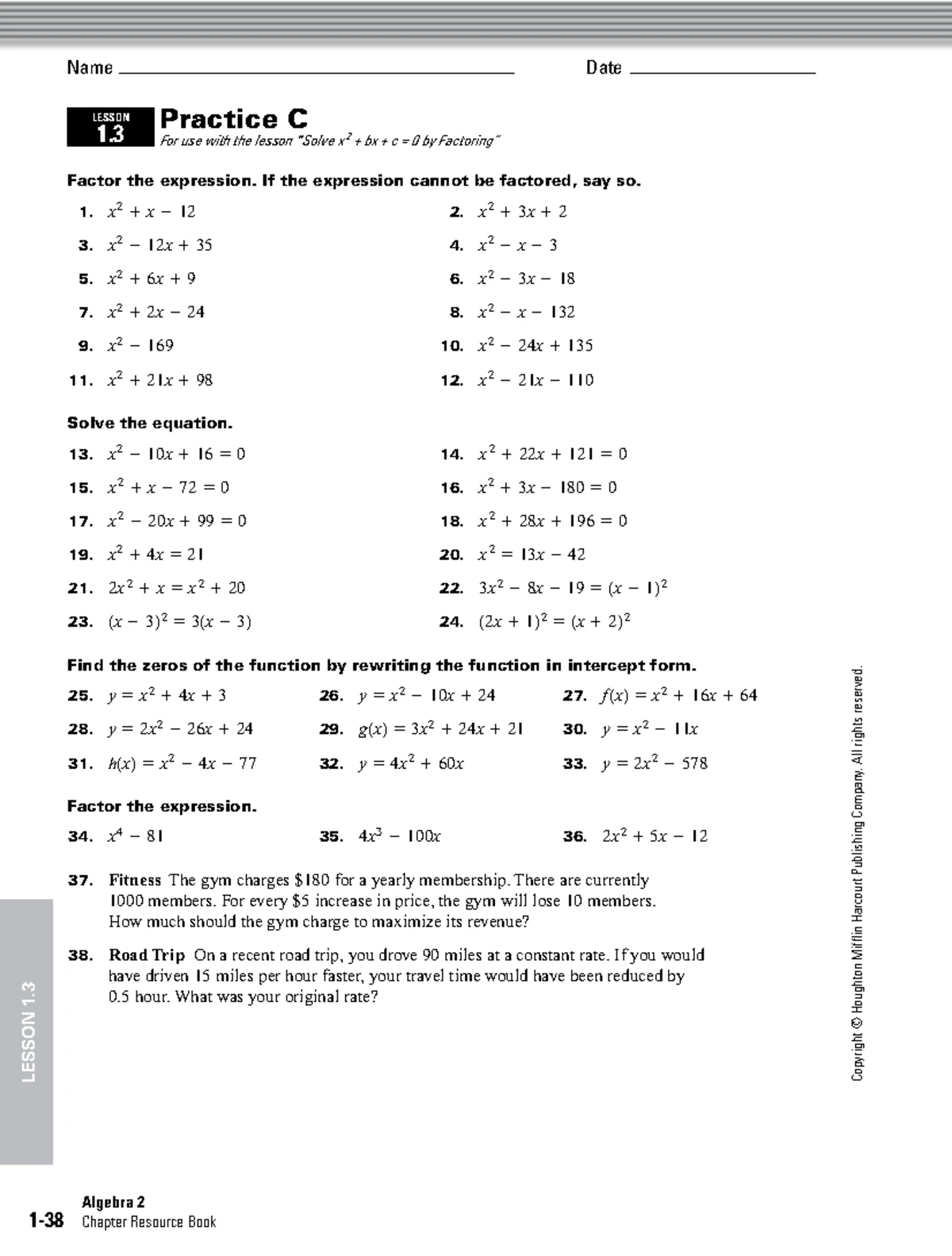 Algebra 2 Lesson 1.1 Date Practice C: Quadratic Functions Graphing ...